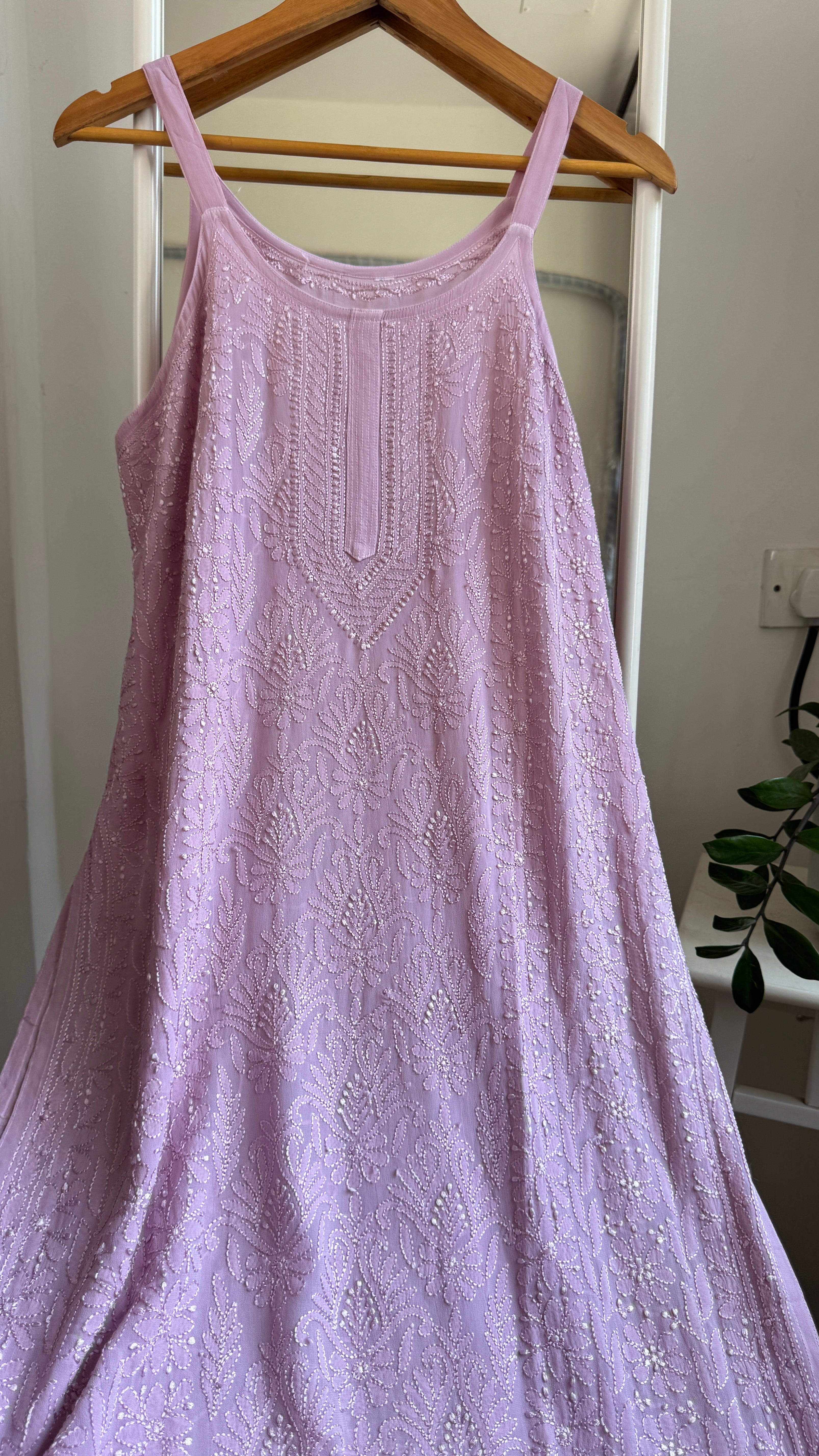 Noodle Strap Chikankari Kurti Long - Mauve -Rose Collection