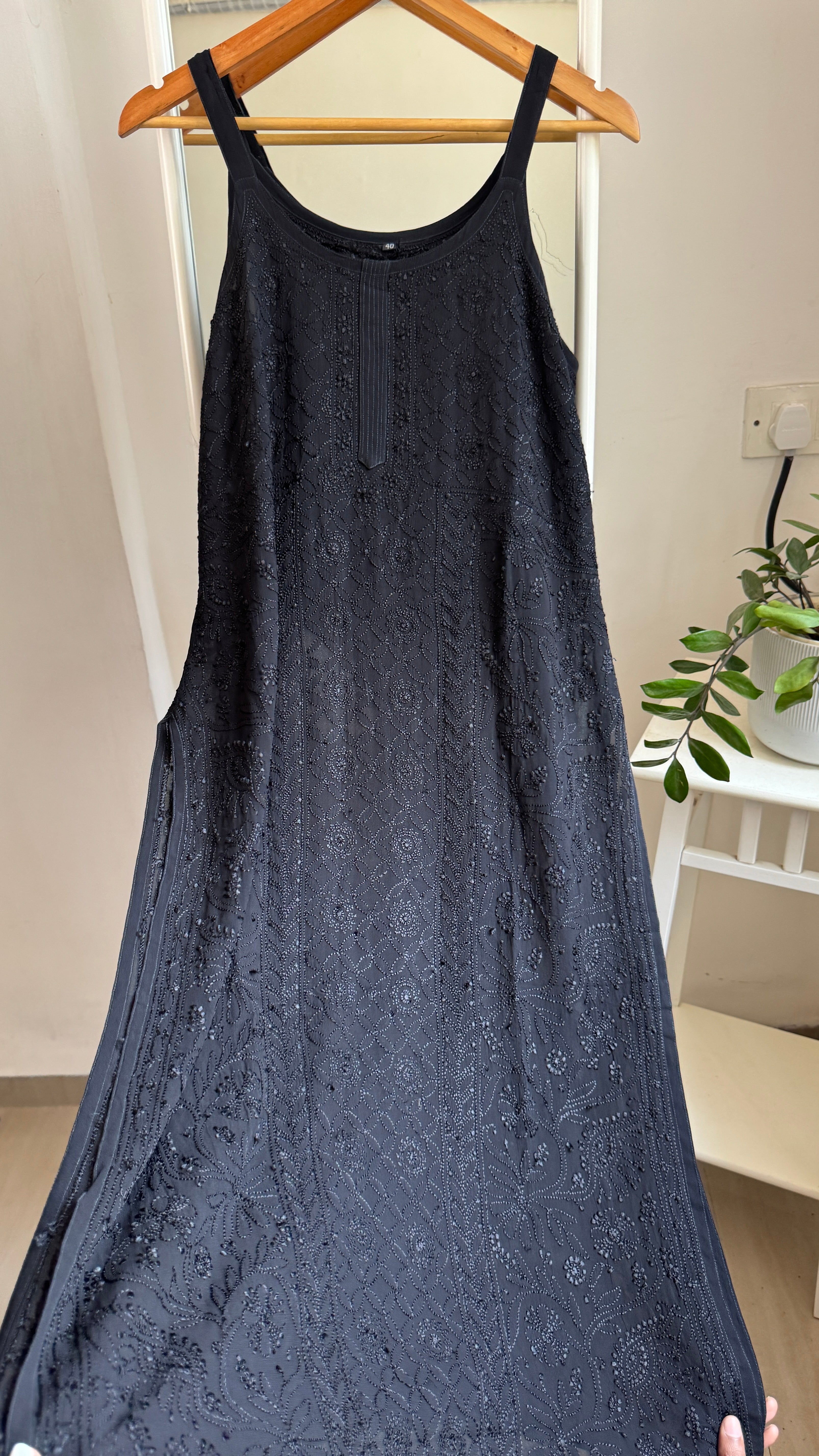 Noodle Strap Chikankari Kurti Long - Black -Rose Collection