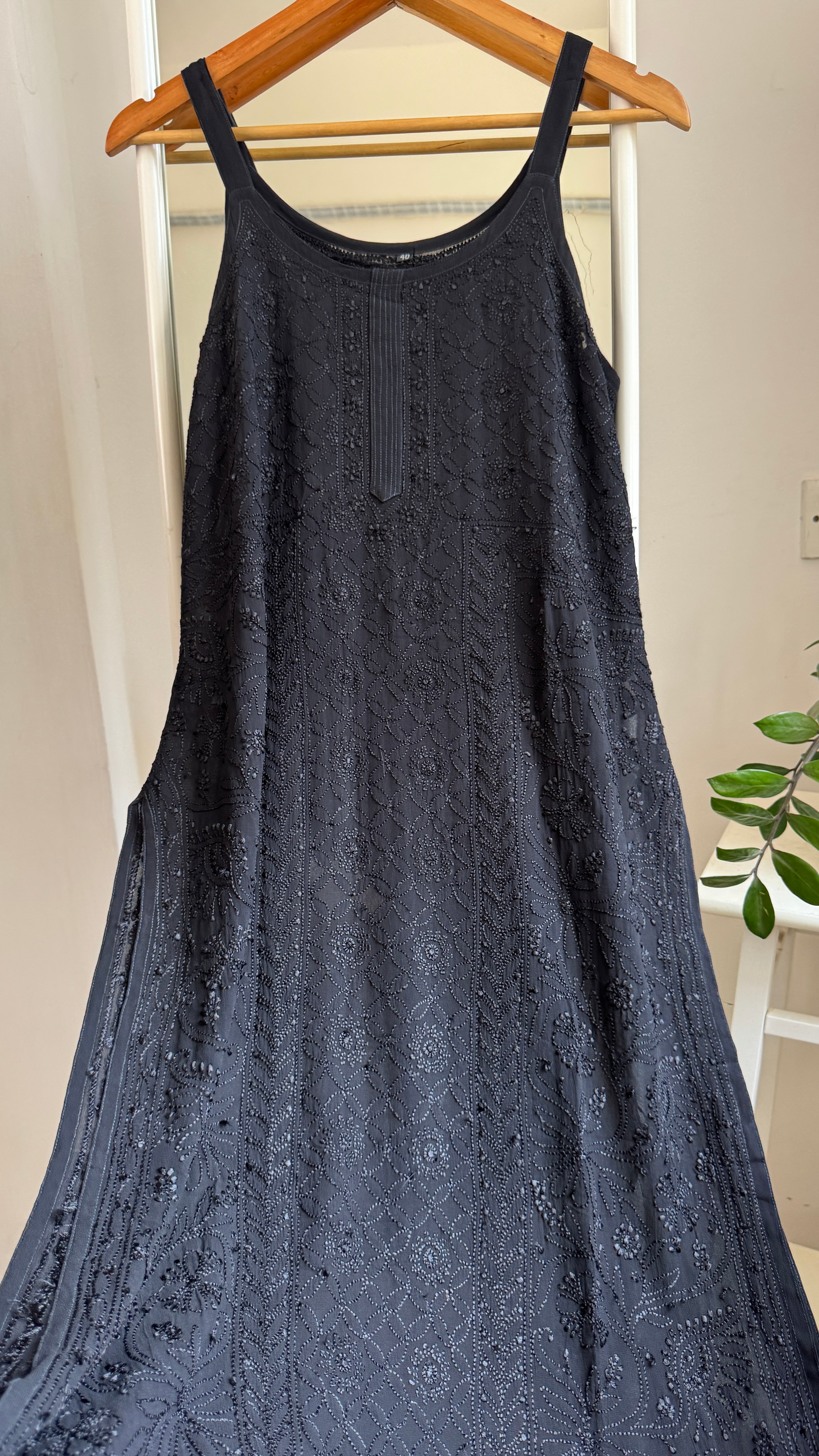 Noodle Strap Chikankari Kurti Long - Black -Rose Collection