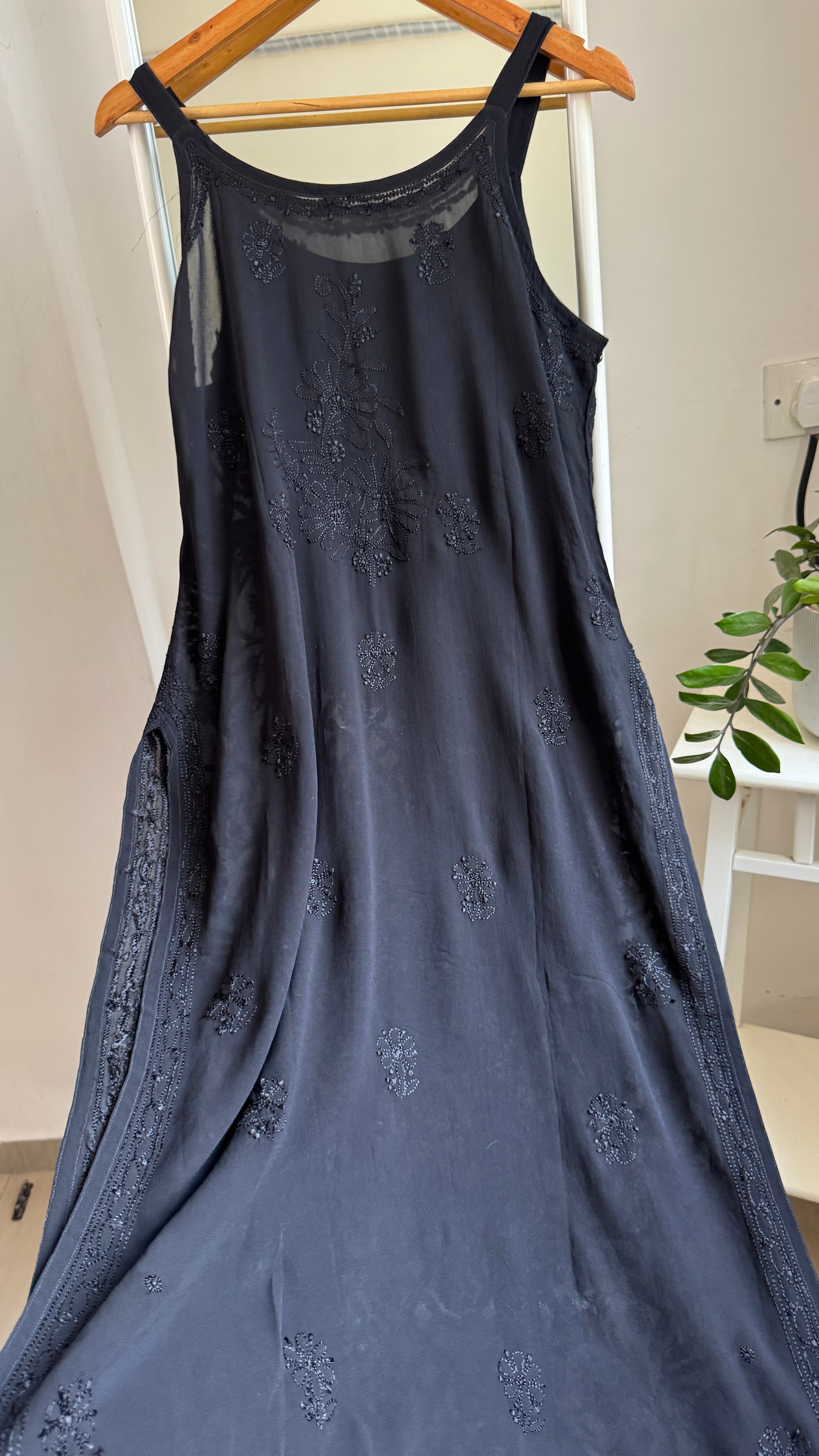 Noodle Strap Chikankari Kurti Long - Black -Rose Collection