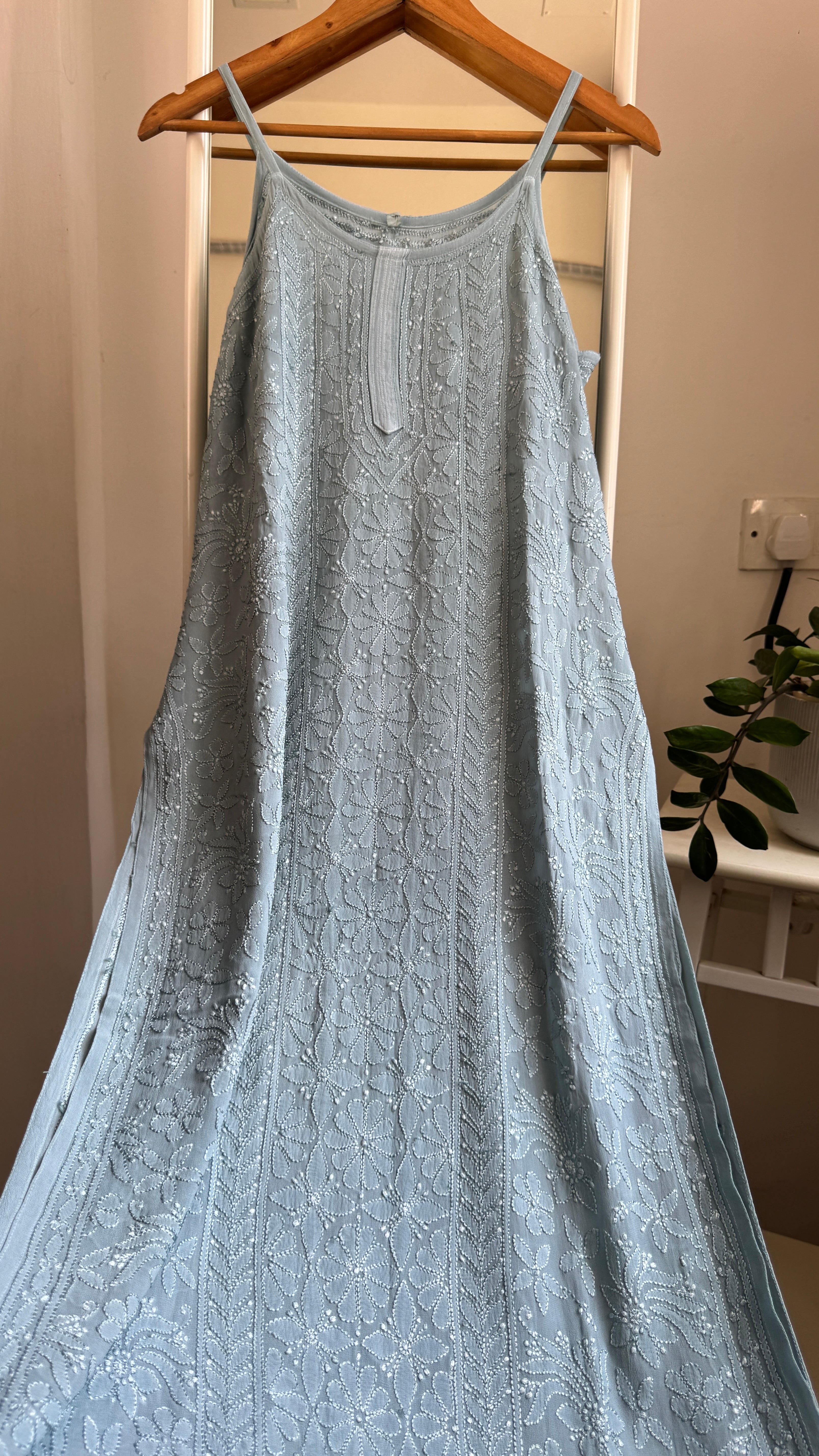 Noodle Strap Chikankari Kurti Long -  Cool Grey -Rose Collection