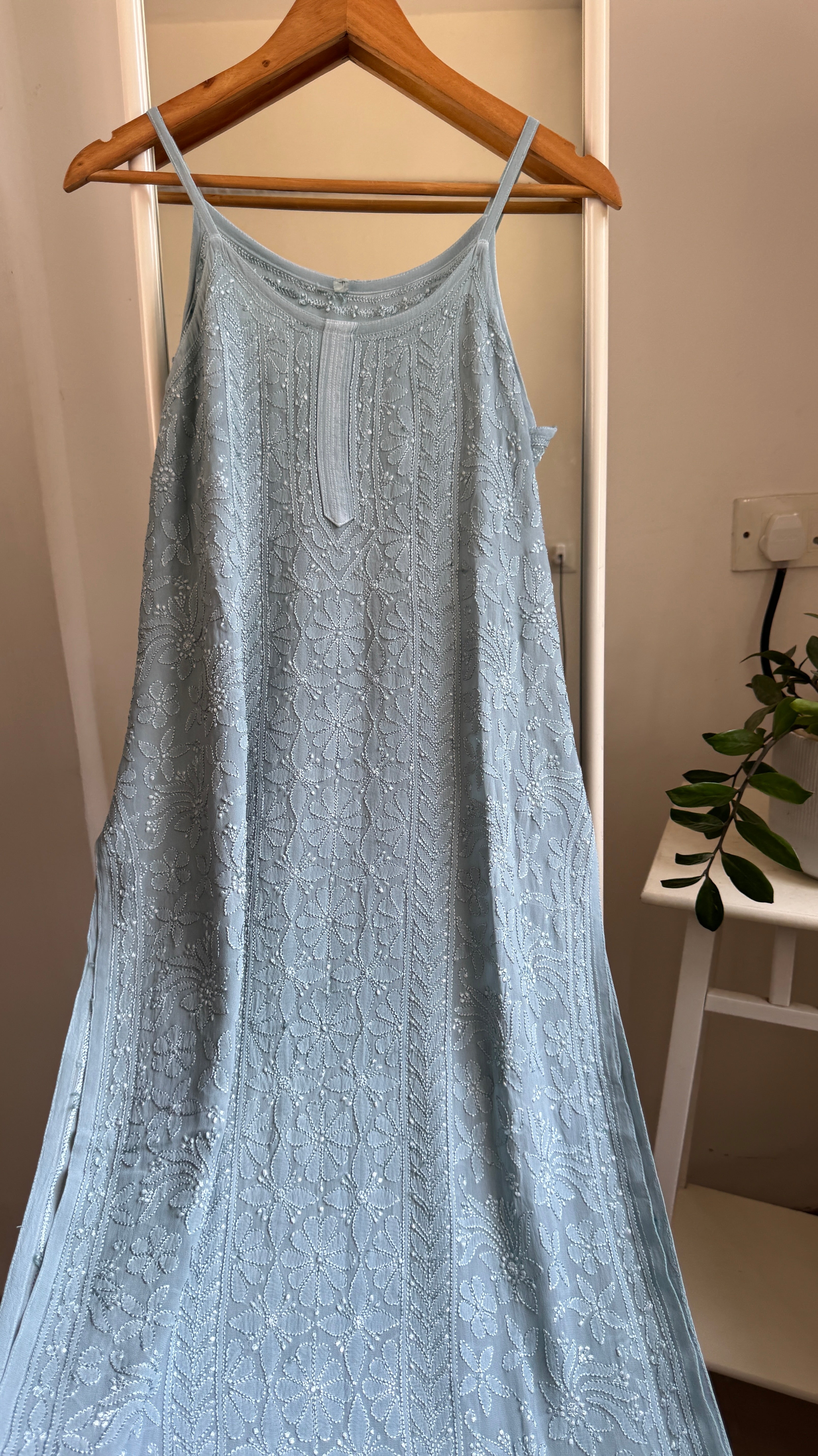 Noodle Strap Chikankari Kurti Long -  Cool Grey -Rose Collection