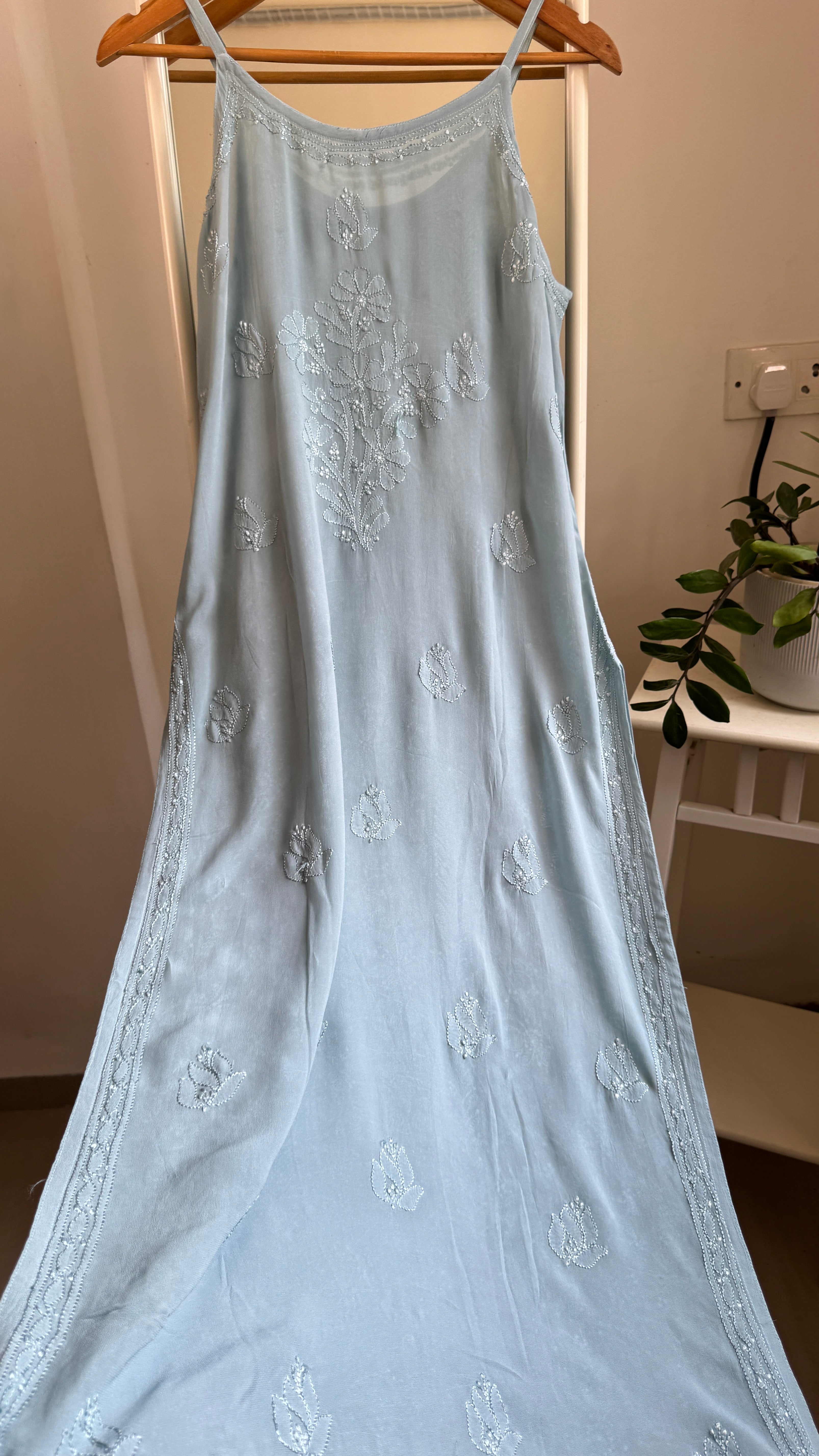 Noodle Strap Chikankari Kurti Long -  Cool Grey -Rose Collection