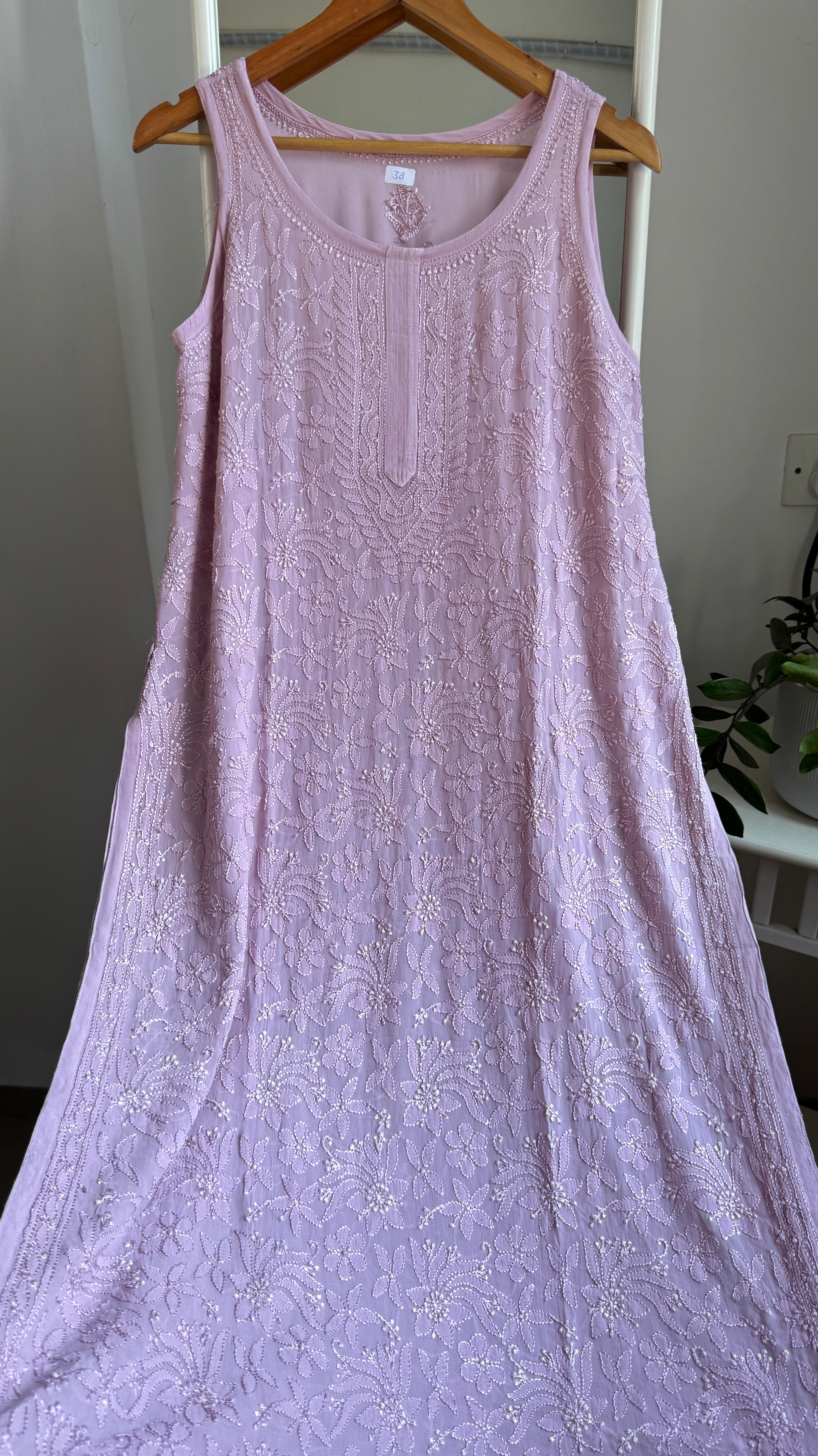 Long Full Jaal Sleeveless Chikankari Kurti - AriAA Chikankari - Rose Collection