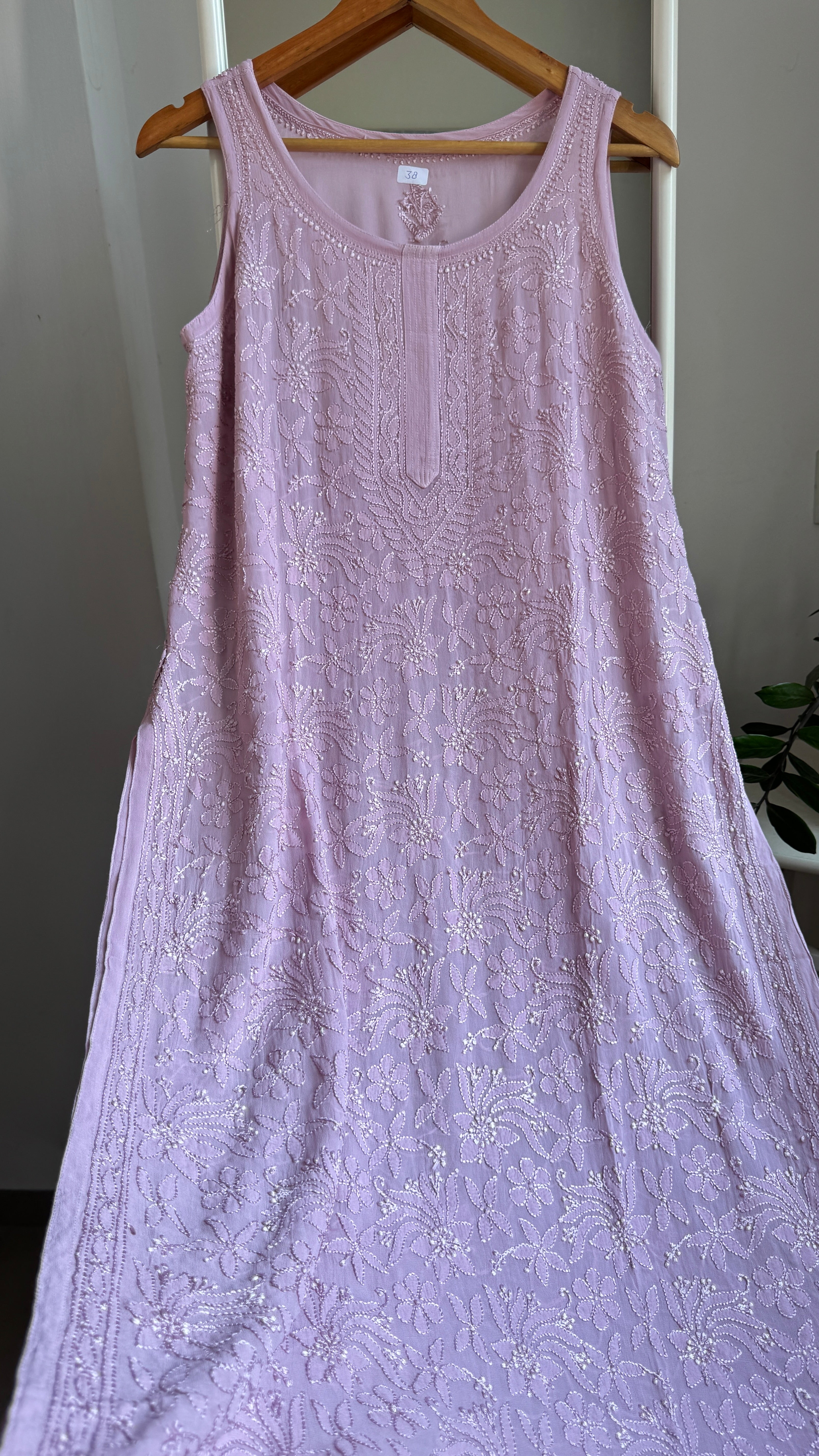Long Full Jaal Sleeveless Chikankari Kurti - AriAA Chikankari - Rose Collection