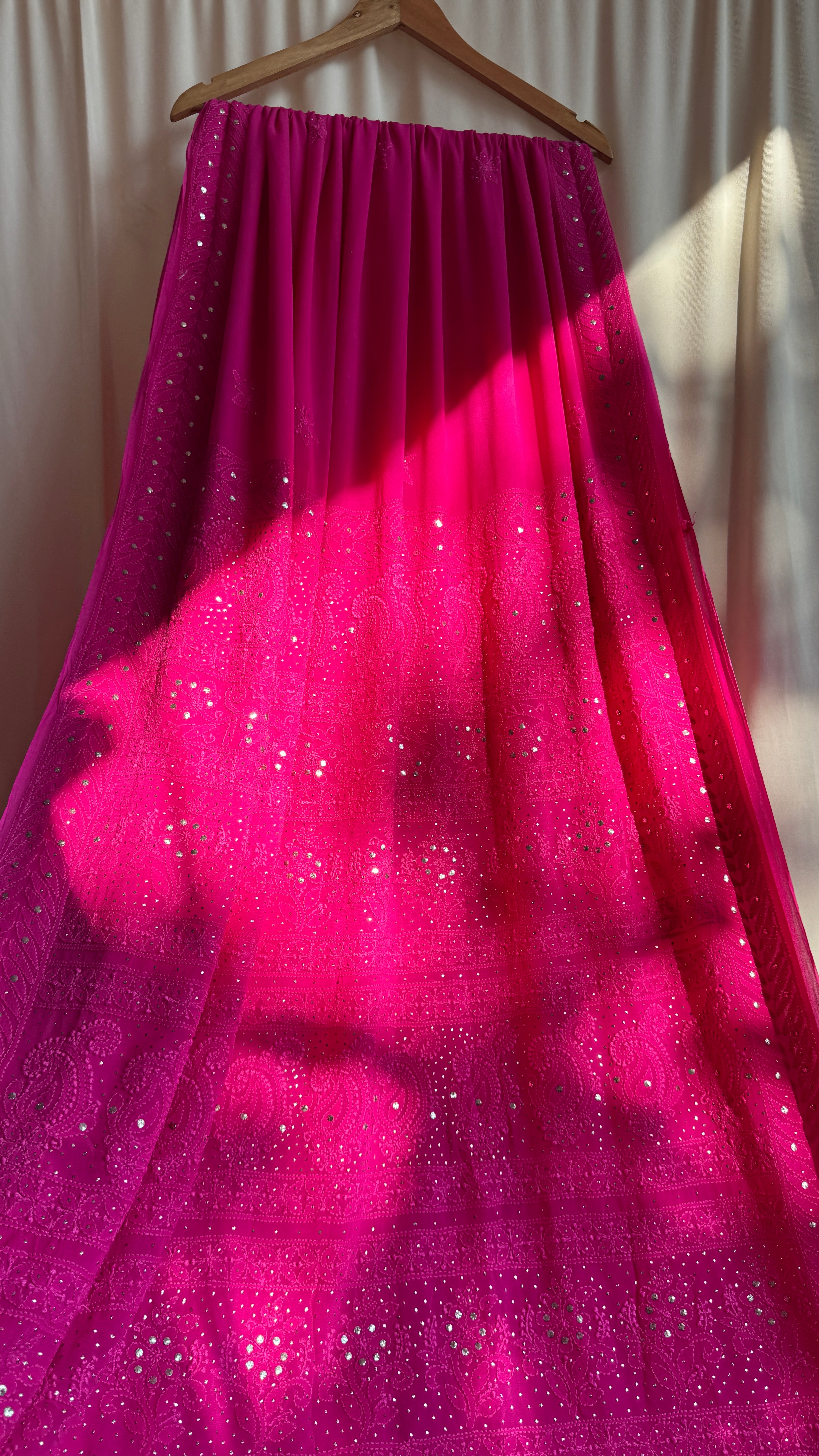 Viscose Hot Pink Chikankari saree with Mukaish Work