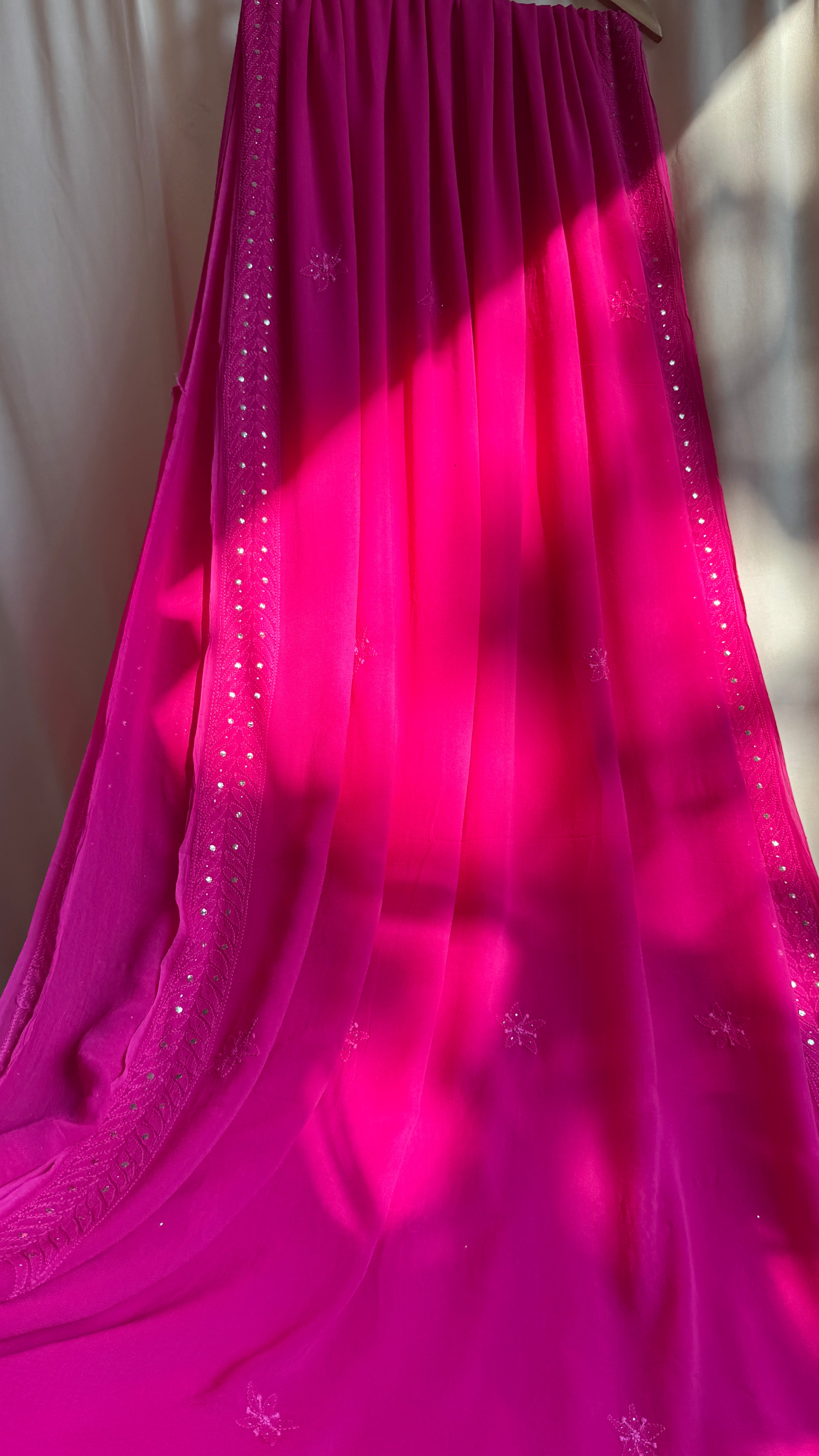 Viscose Hot Pink Chikankari saree with Mukaish Work