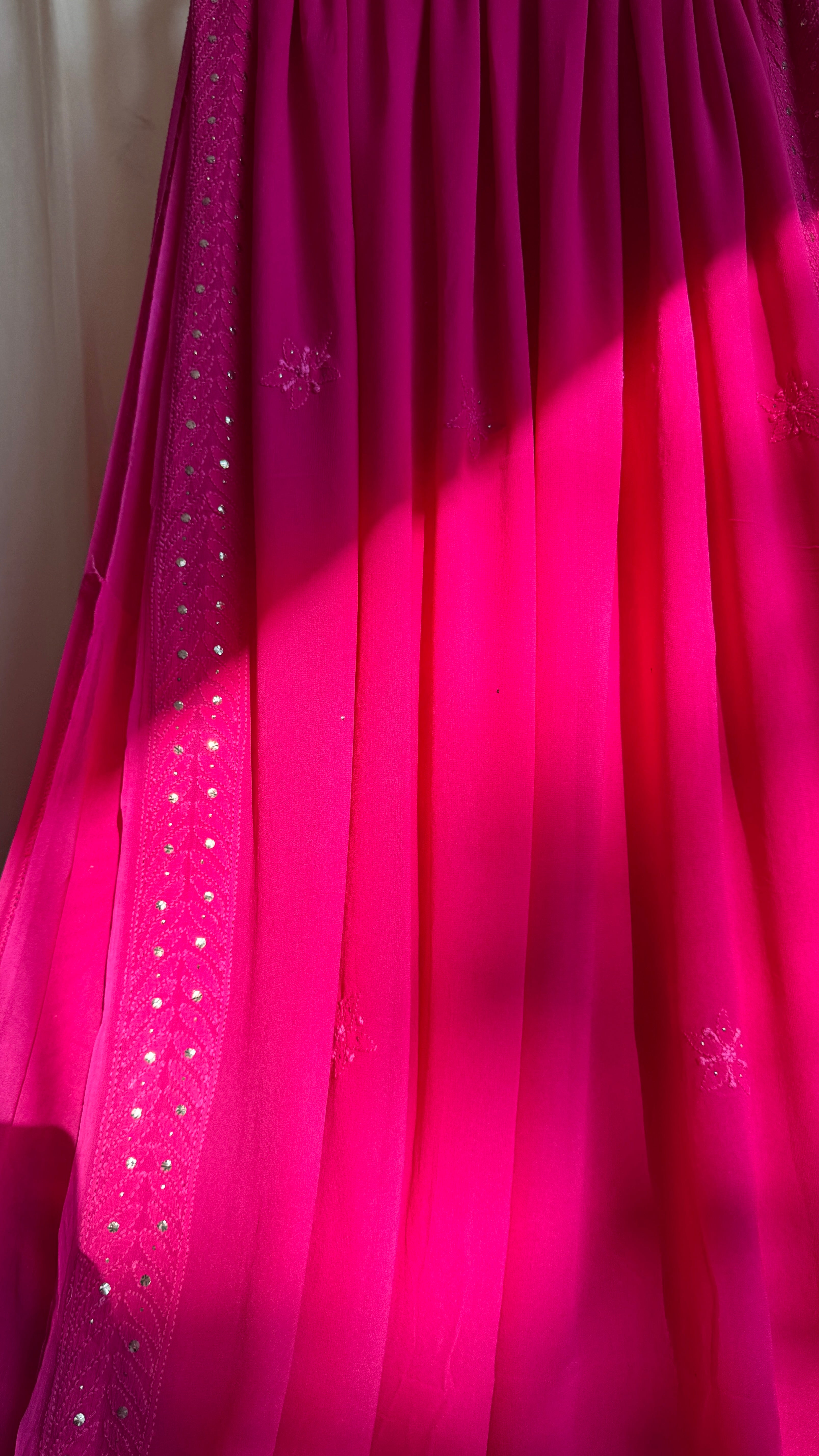 Viscose Hot Pink Chikankari saree with Mukaish Work
