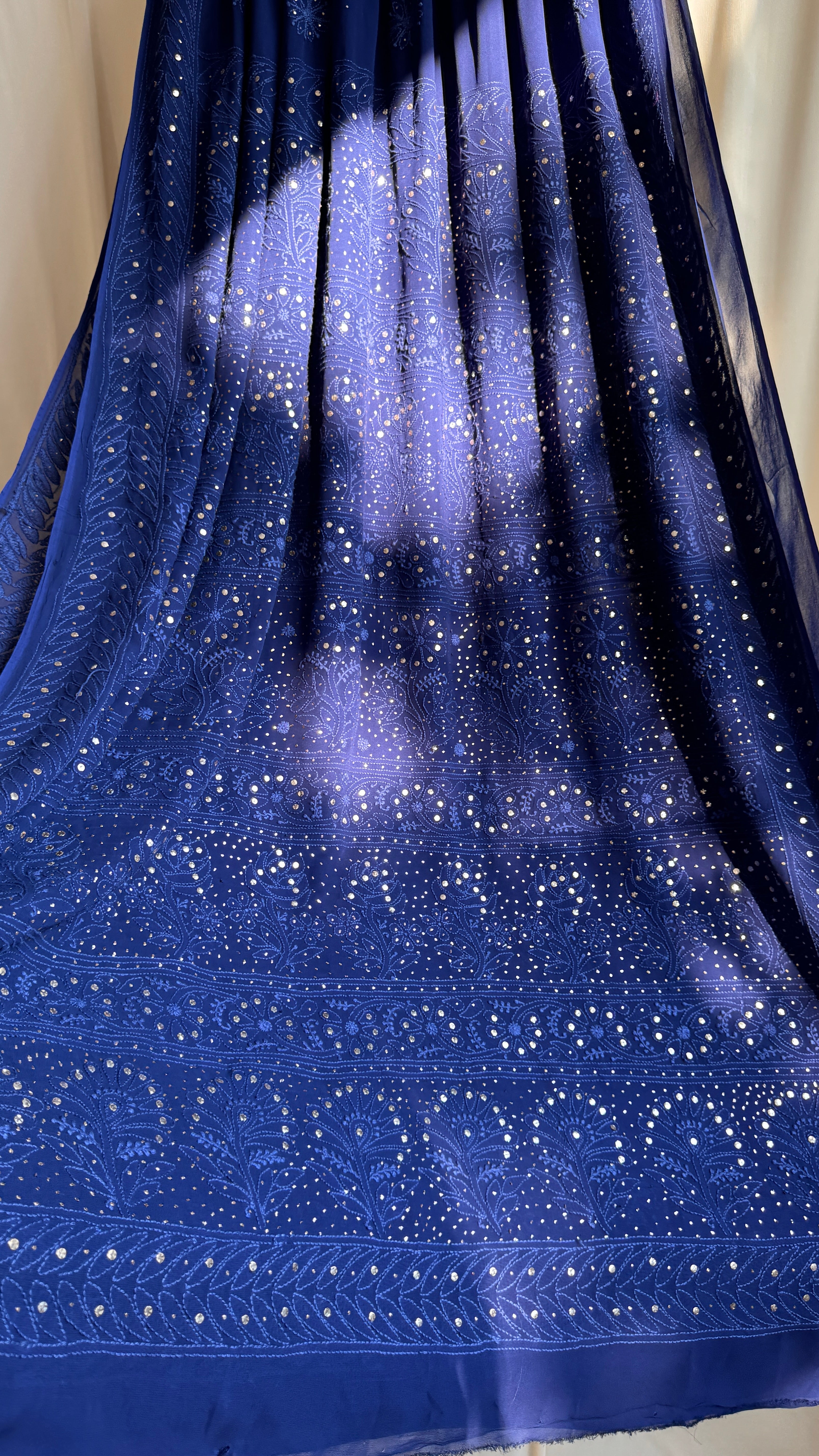 Viscose Dark Blue Chikankari saree with Mukaish Work