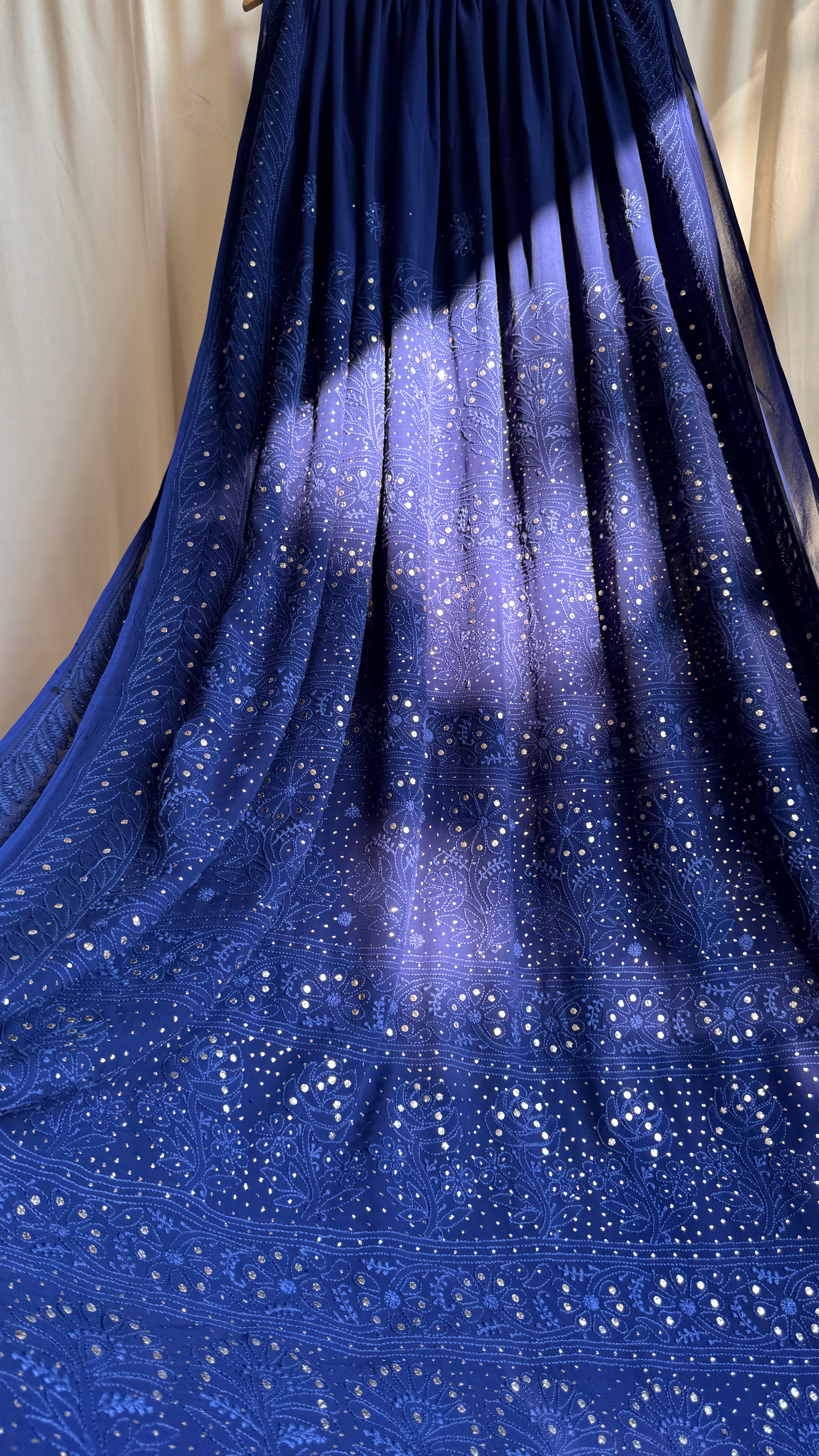 Viscose Dark Blue Chikankari saree with Mukaish Work