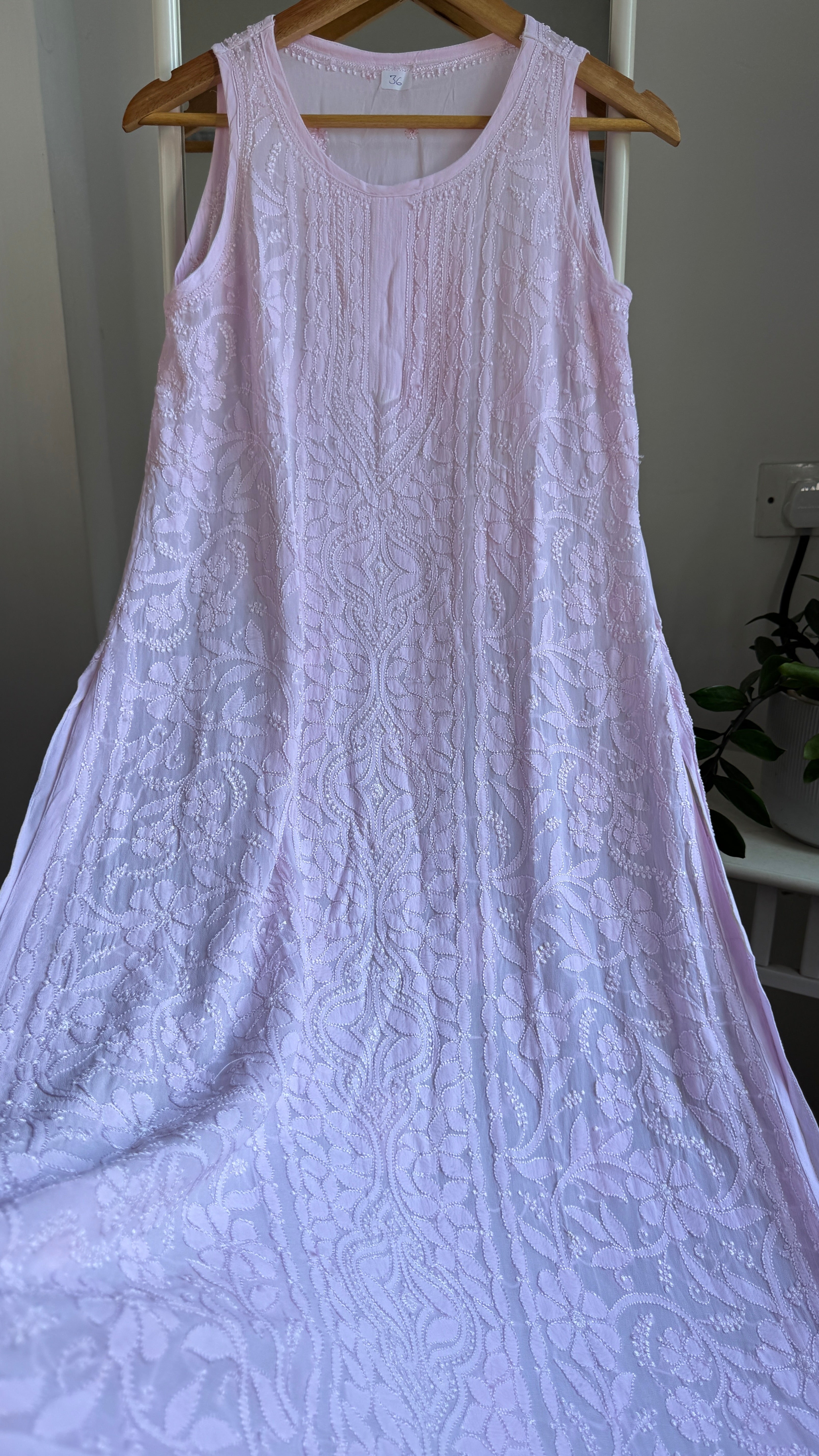 Long Full Jaal Sleeveless Chikankari Kurti - AriAA Chikankari - Rose Collection