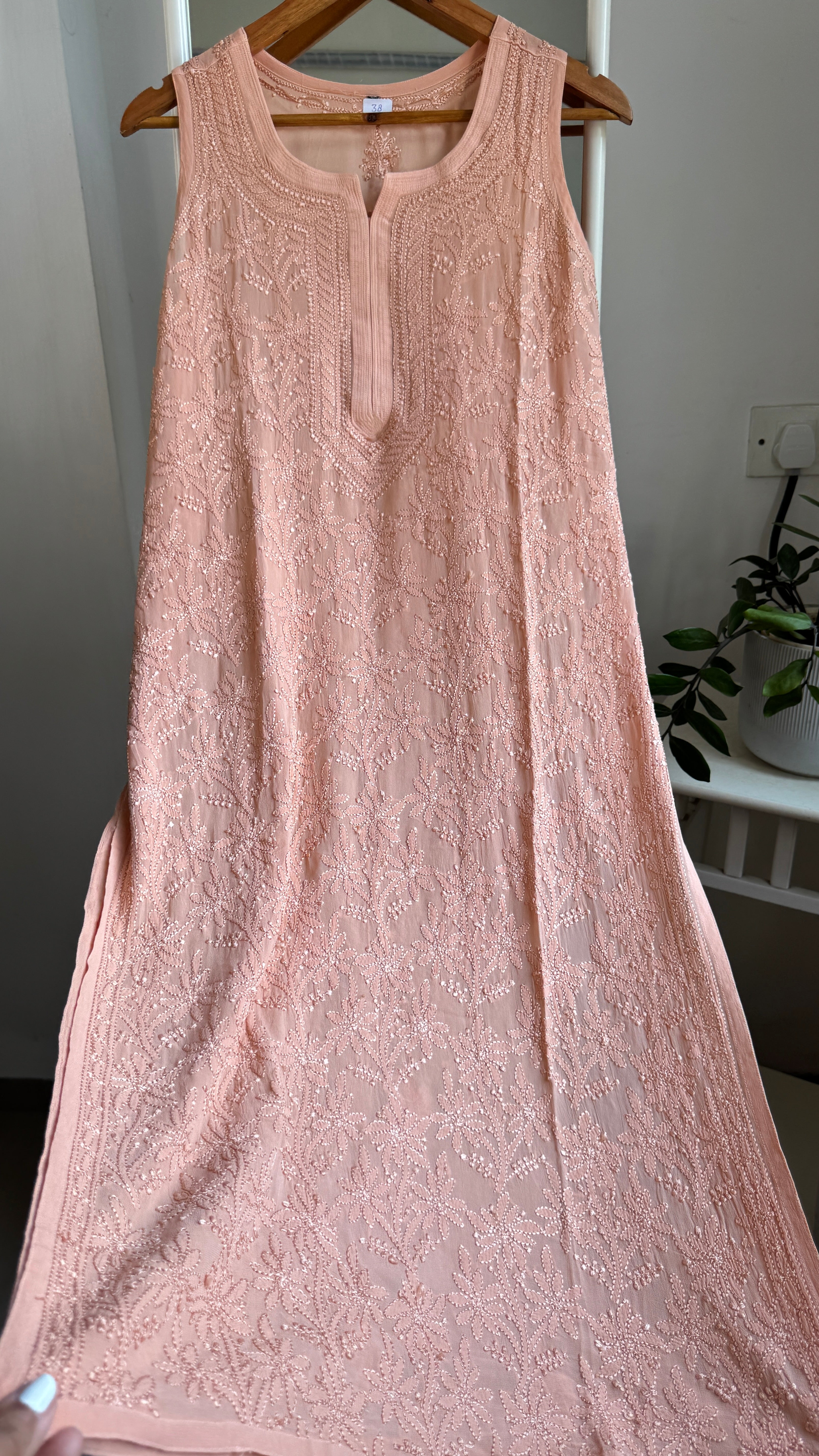 Long Full Jaal Sleeveless Chikankari Kurti - AriAA Chikankari - Rose Collection