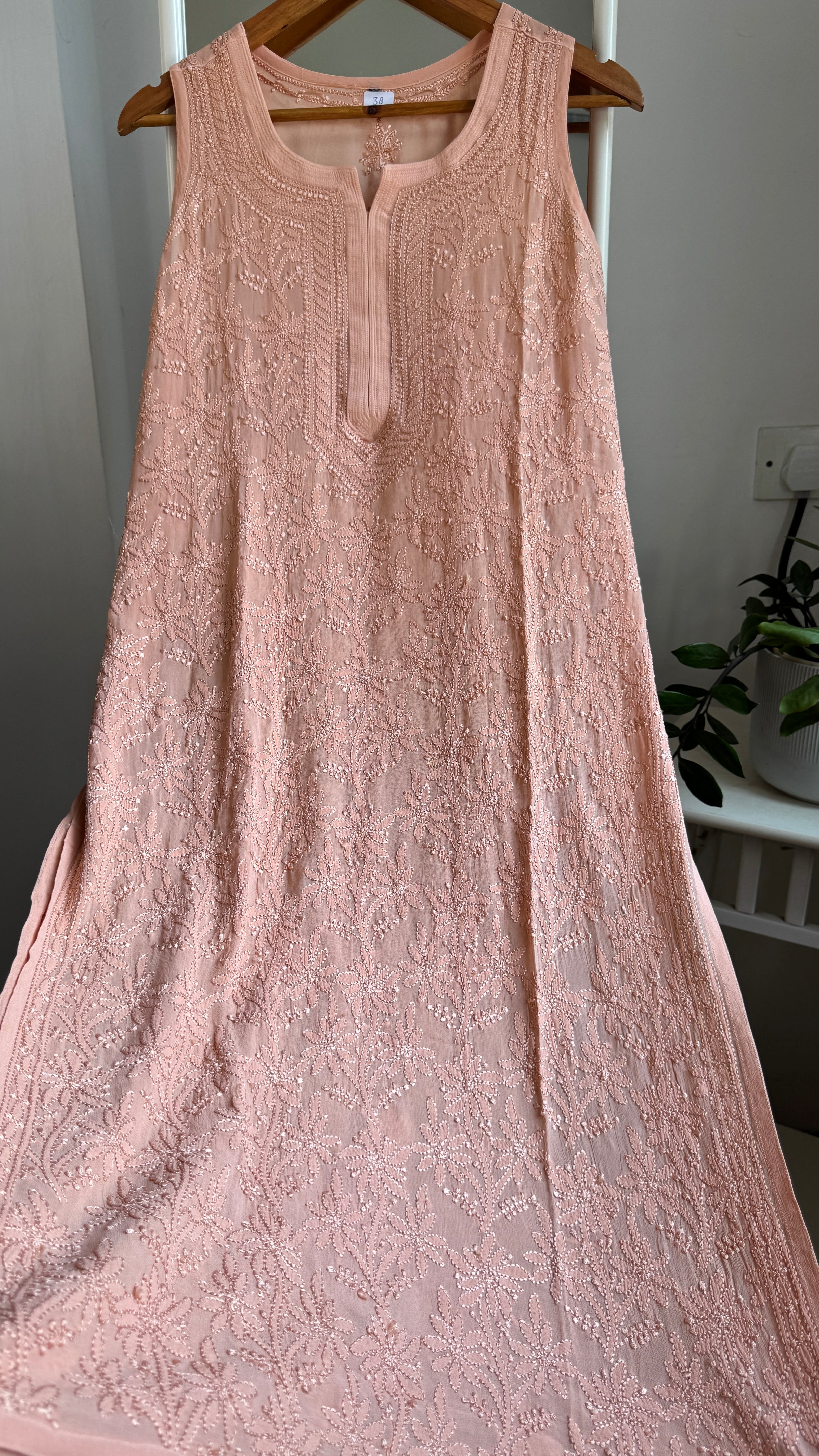 Long Full Jaal Sleeveless Chikankari Kurti - AriAA Chikankari - Rose Collection