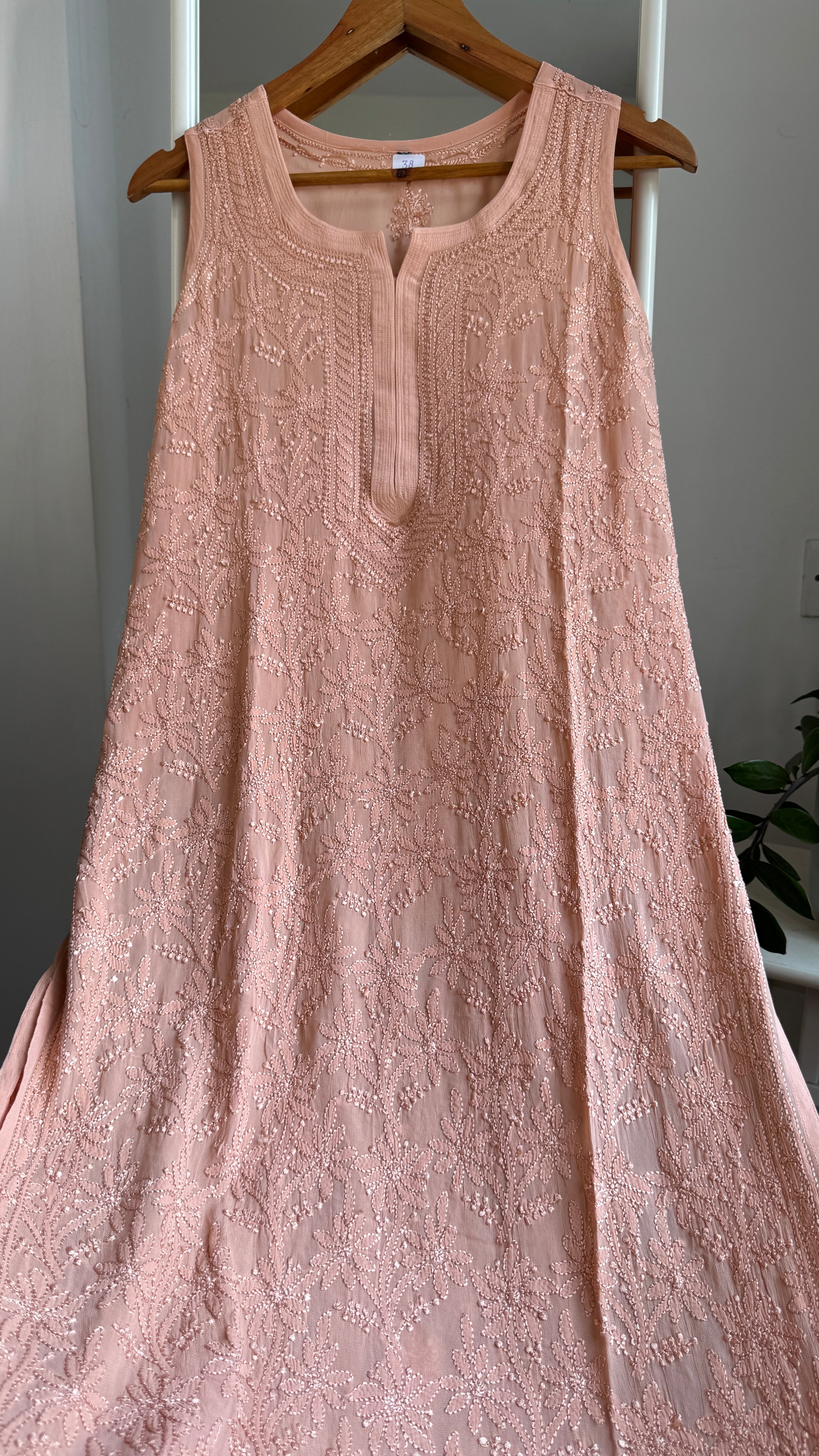 Long Full Jaal Sleeveless Chikankari Kurti - AriAA Chikankari - Rose Collection