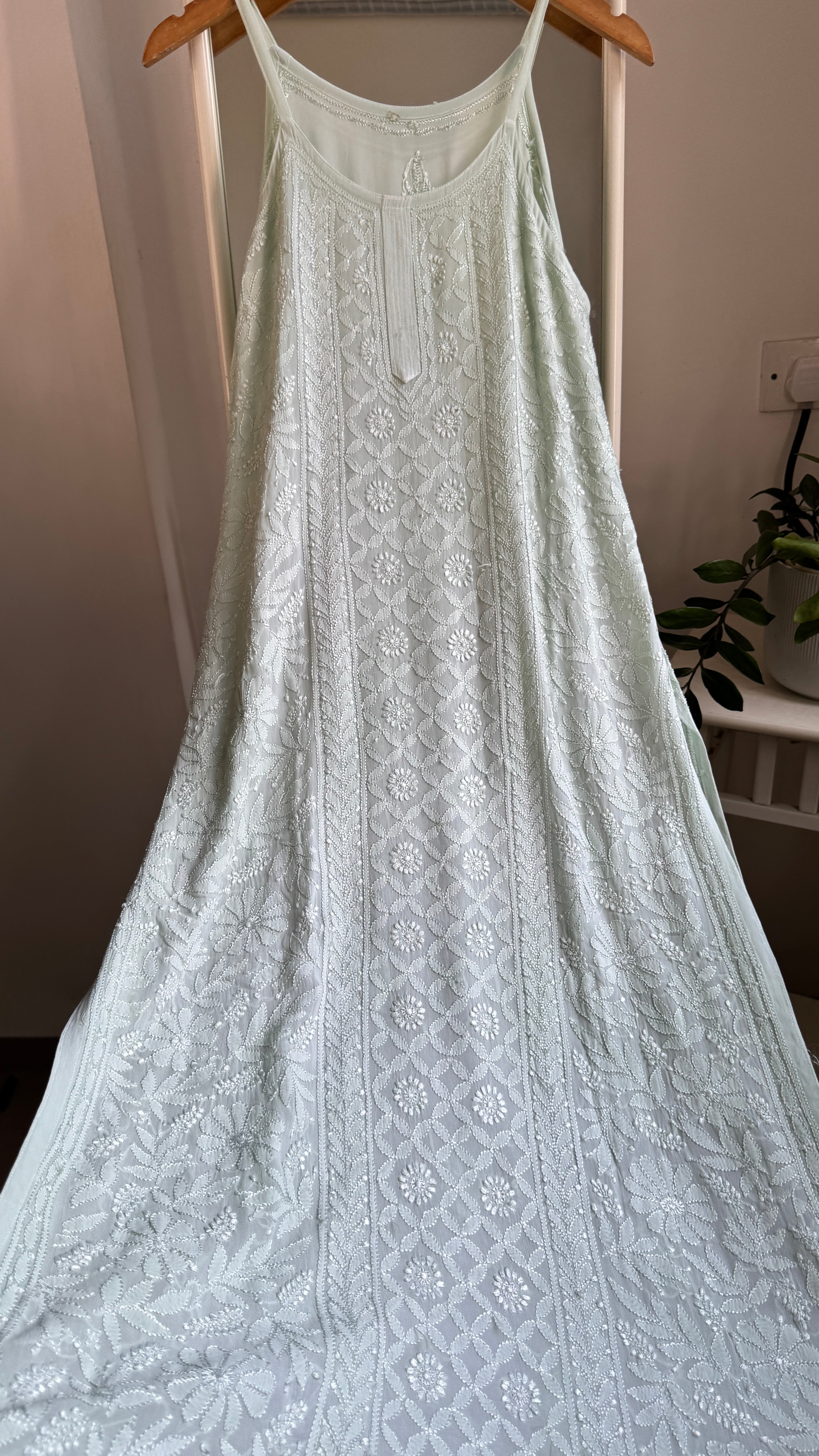Noodle Strap Chikankari Kurti Long - Pista Green -Rose Collection