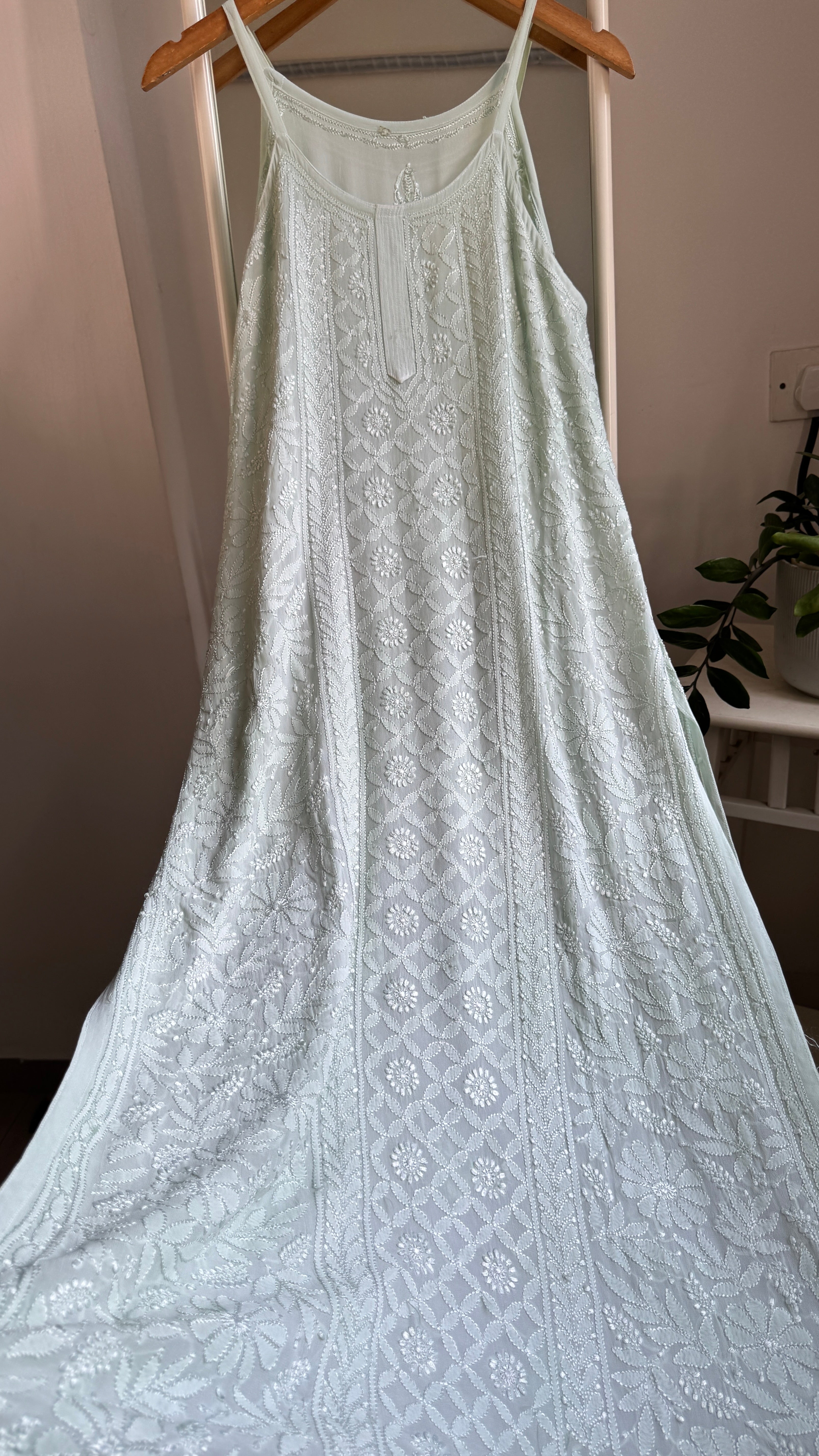 Noodle Strap Chikankari Kurti Long - Pista Green -Rose Collection