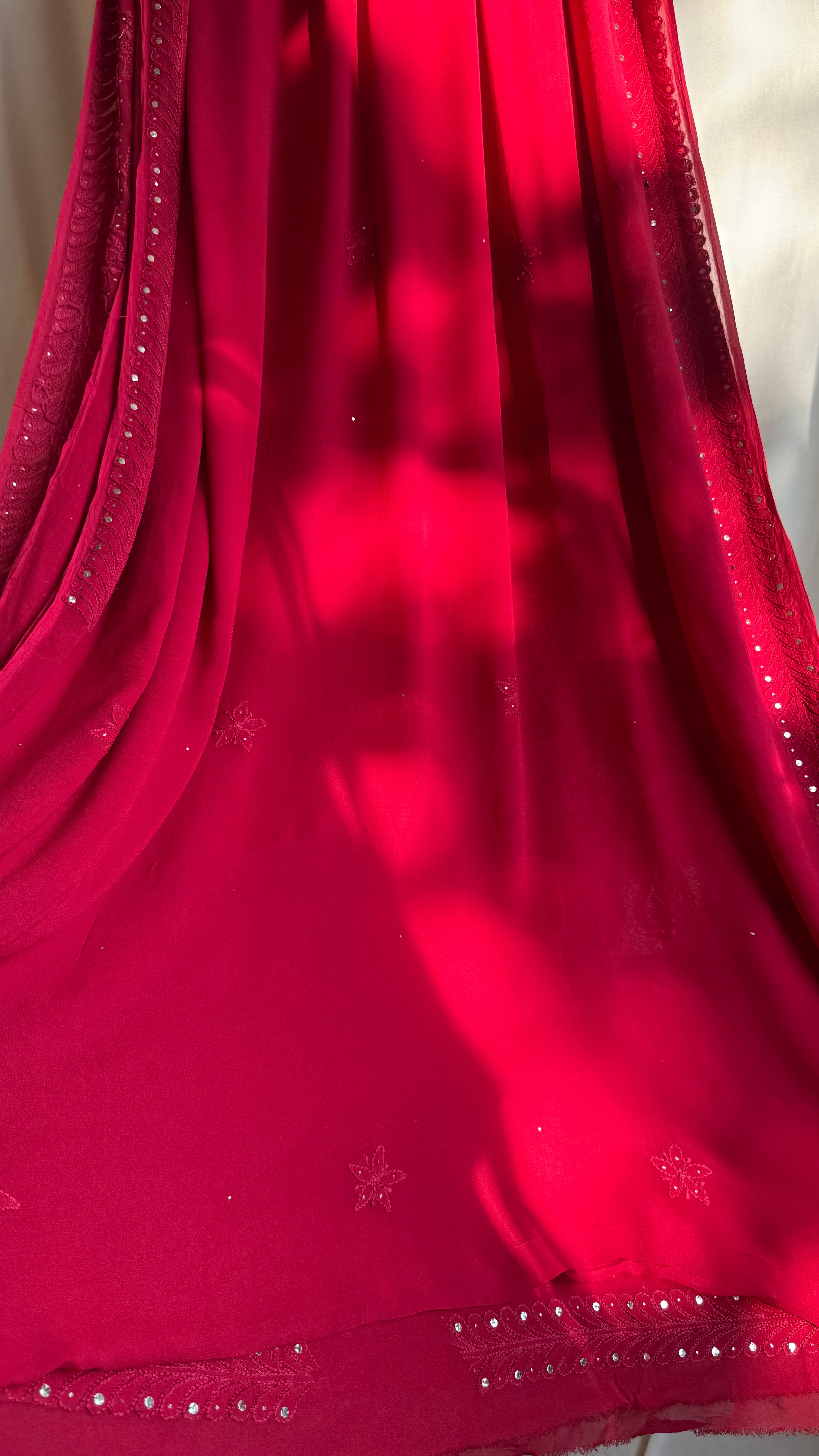 Viscose Red Chikankari saree with Mukaish Work