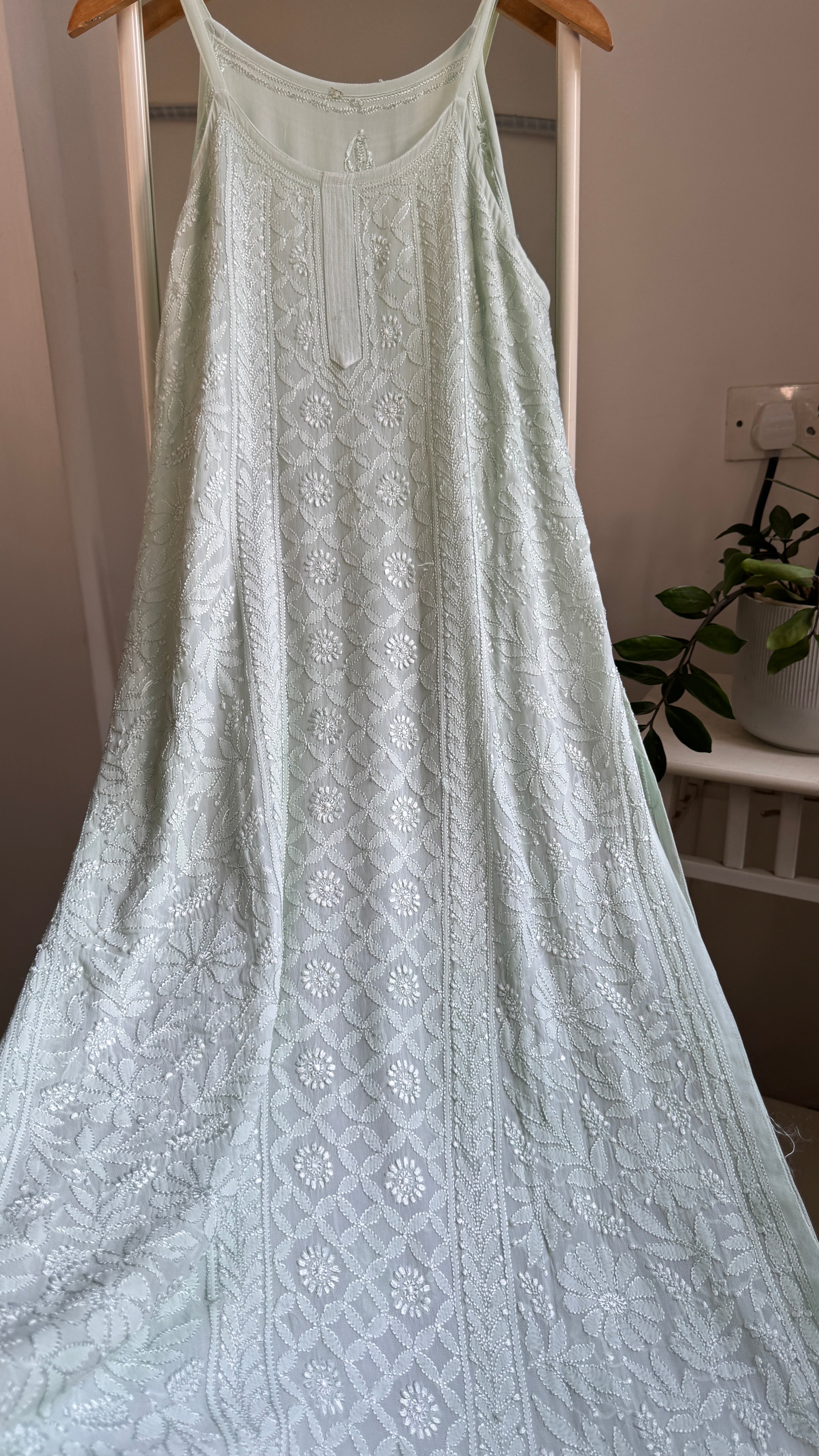 Noodle Strap Chikankari Kurti Long - Pista Green -Rose Collection