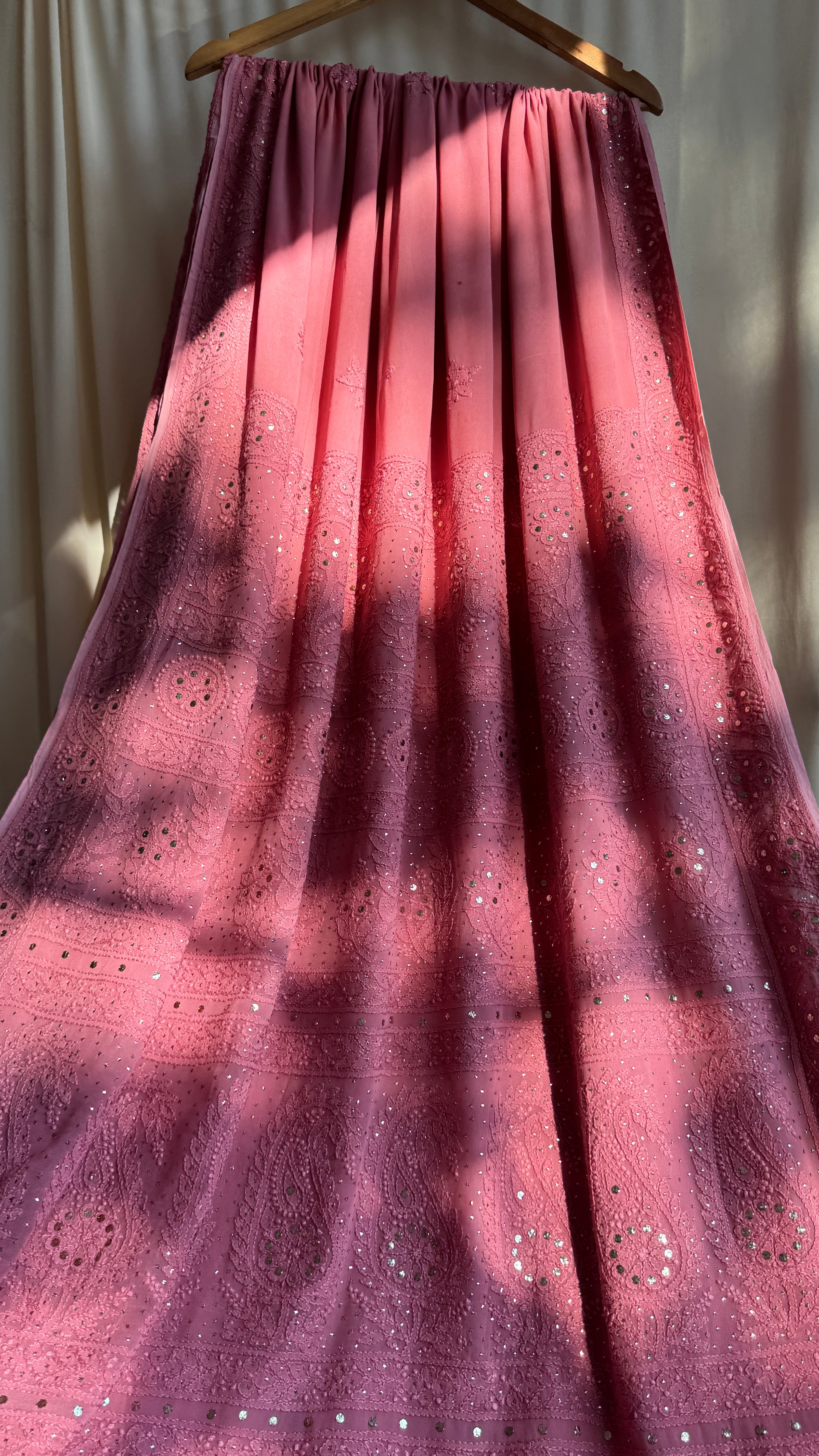 Viscose Rosewood Chikankari saree with Mukaish Work