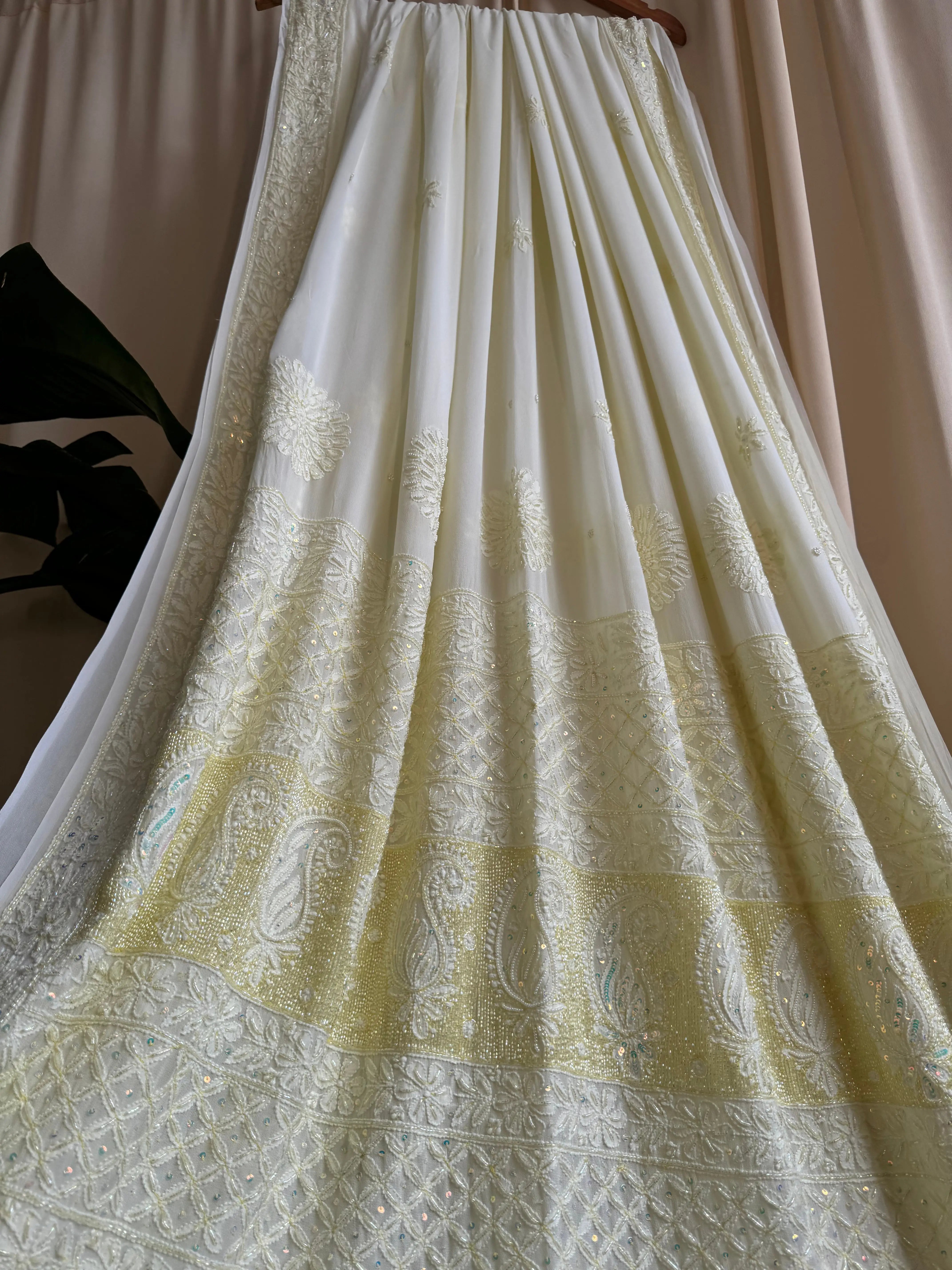 Viscose Yellow Chikankari saree with Pearl embellishments ARIAA CHIKANKARI 