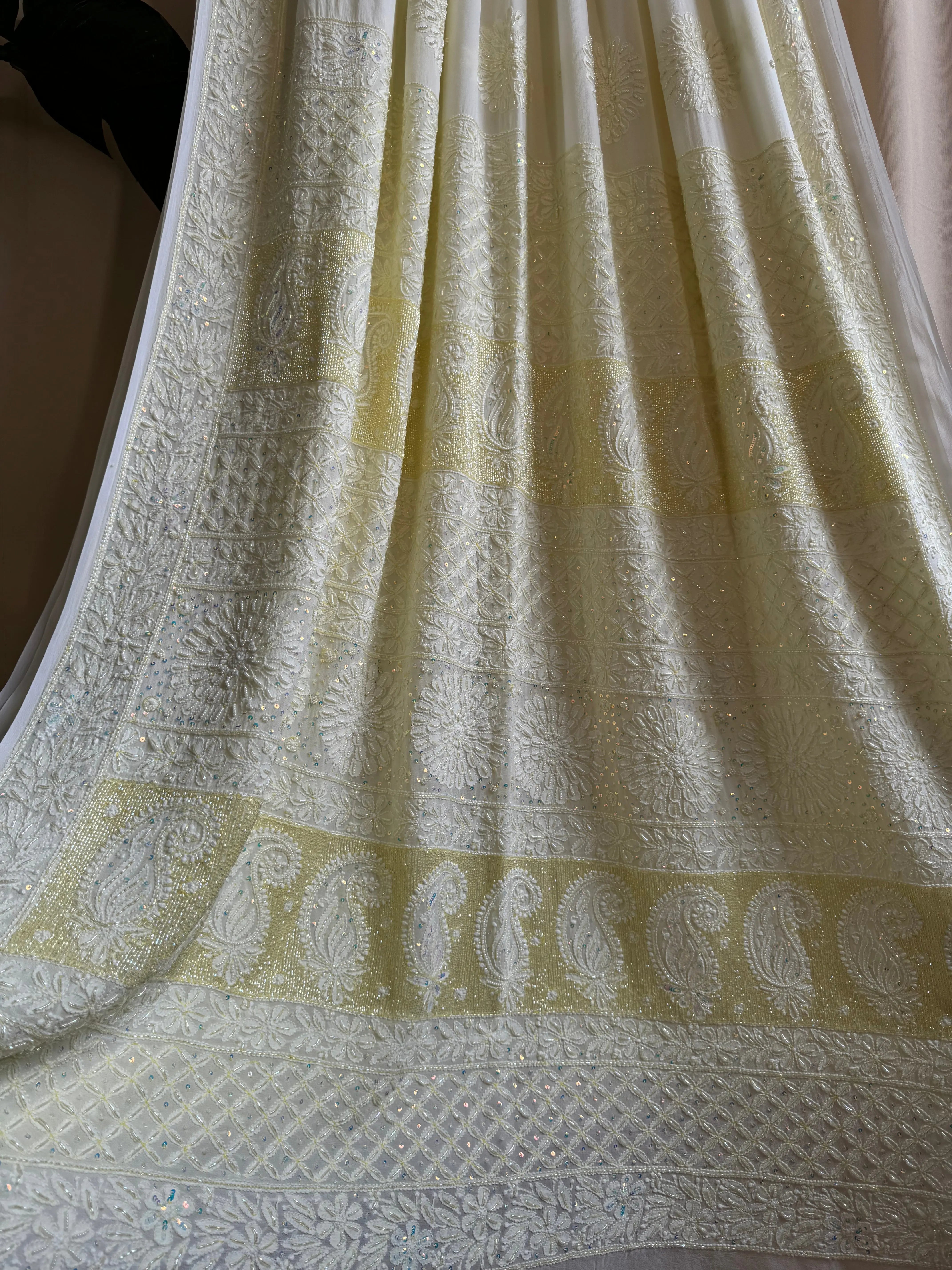 Viscose Yellow Chikankari saree with Pearl embellishments ARIAA CHIKANKARI 