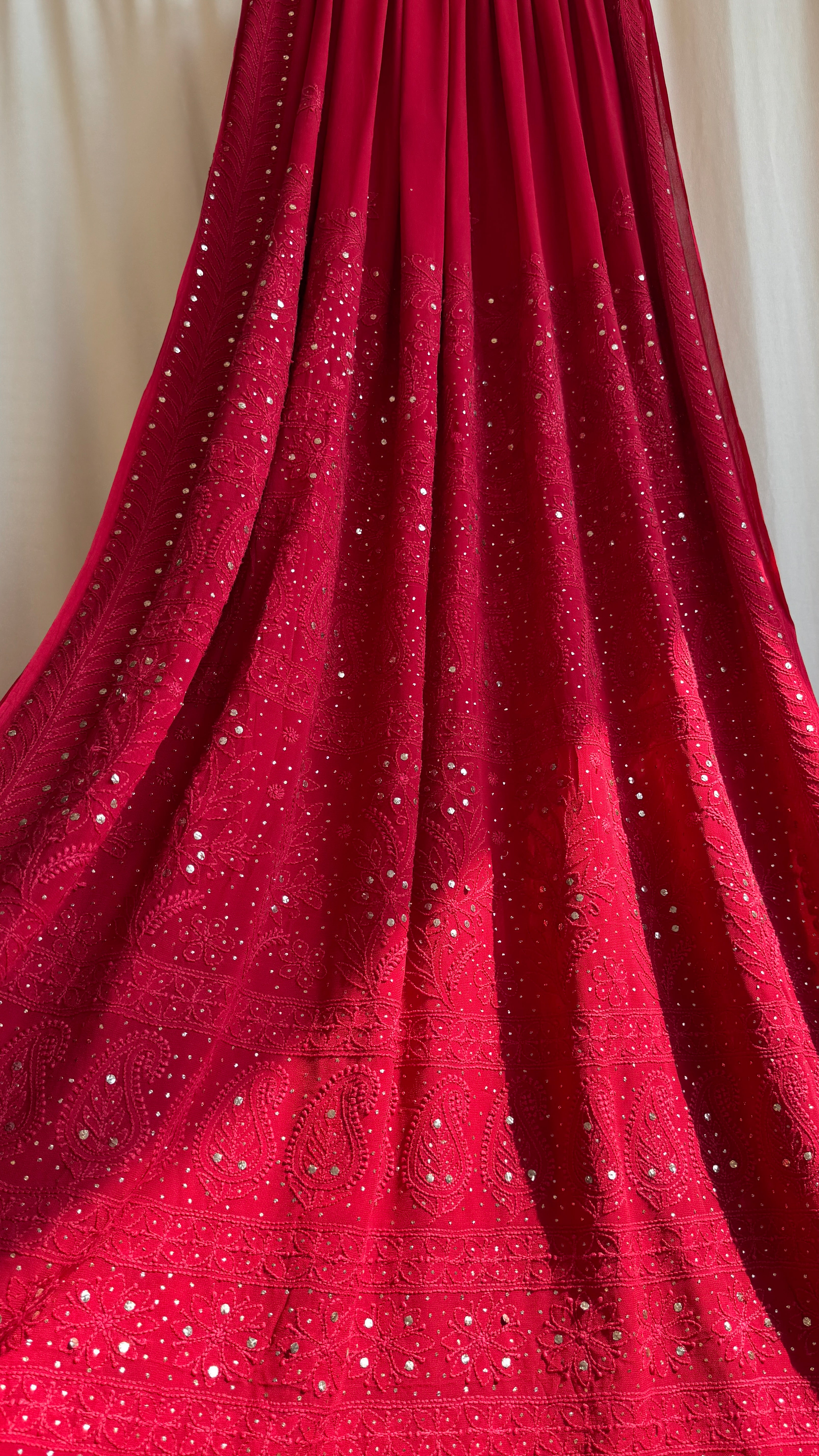 Viscose Red Chikankari saree with Mukaish Work