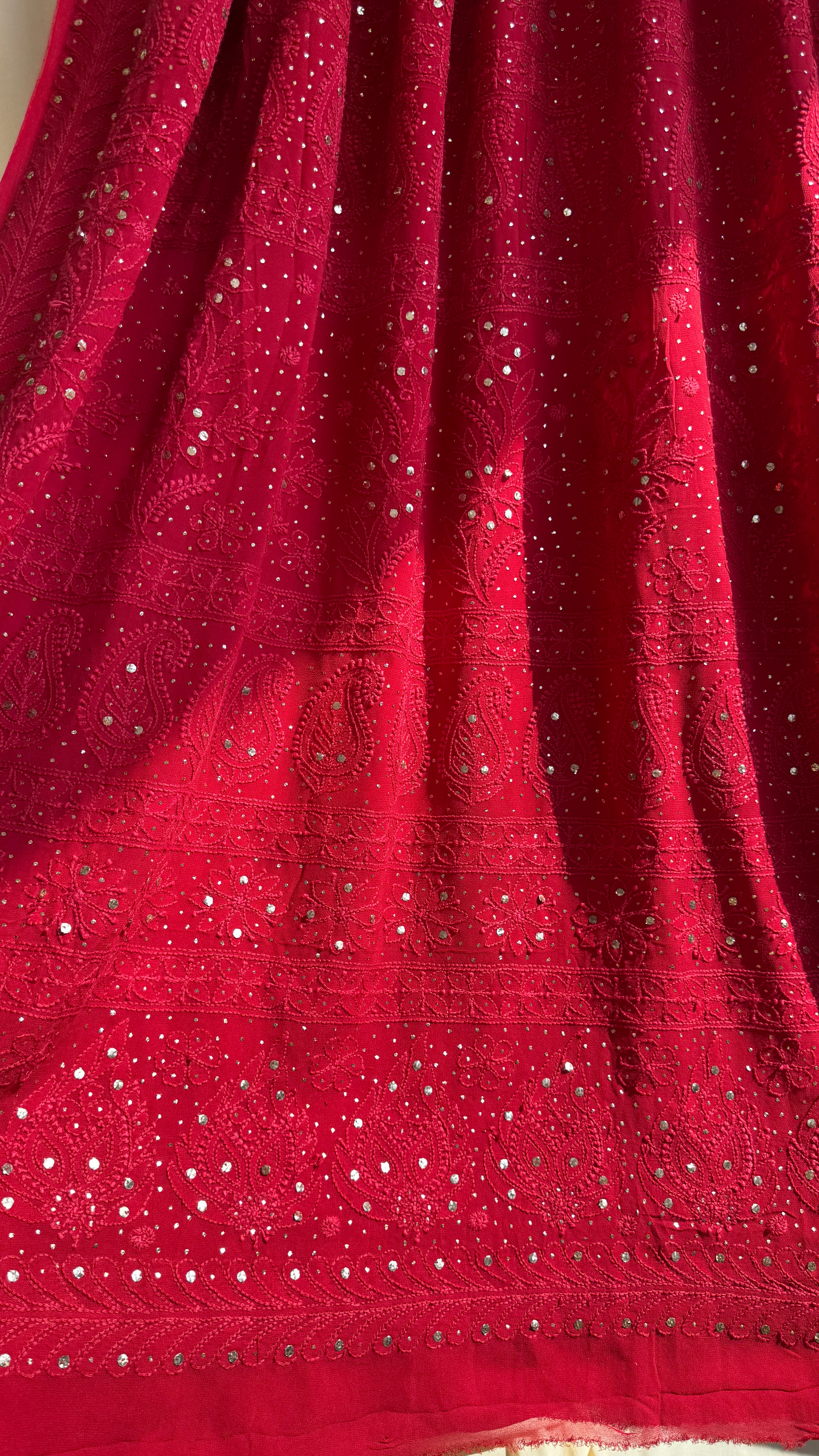 Viscose Red Chikankari saree with Mukaish Work
