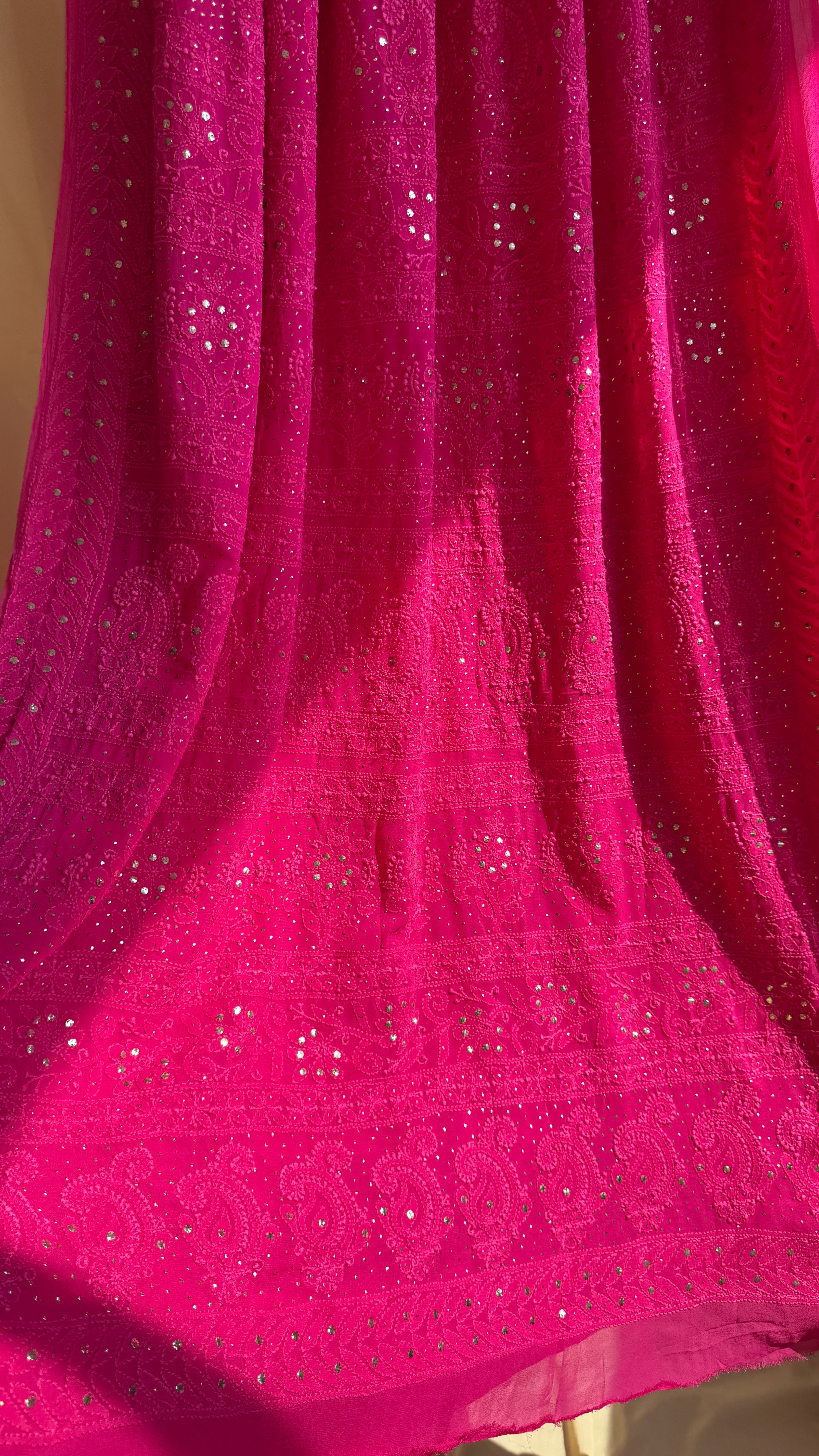 Viscose Hot Pink Chikankari saree with Mukaish Work