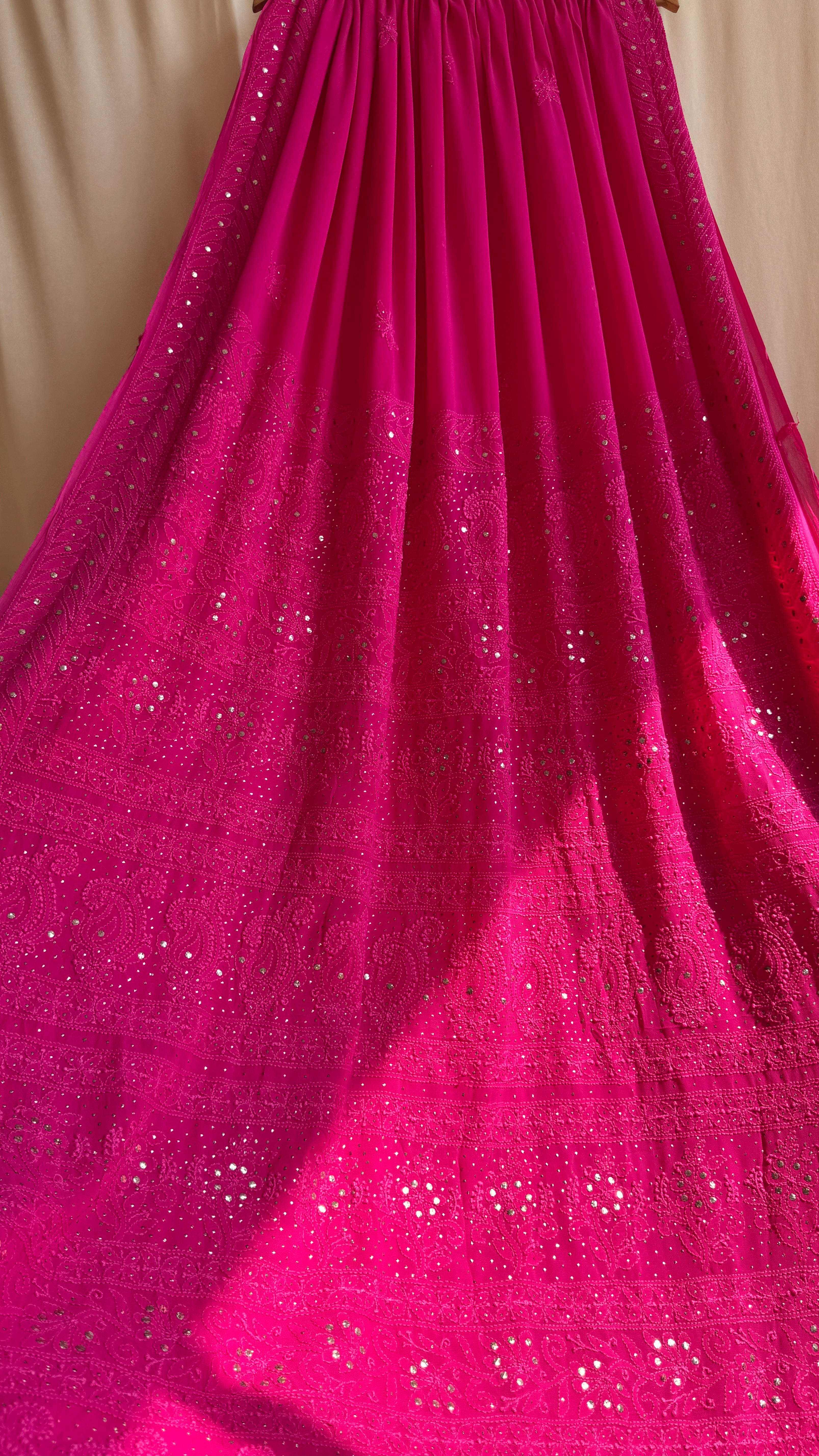 Viscose Hot Pink Chikankari saree with Mukaish Work