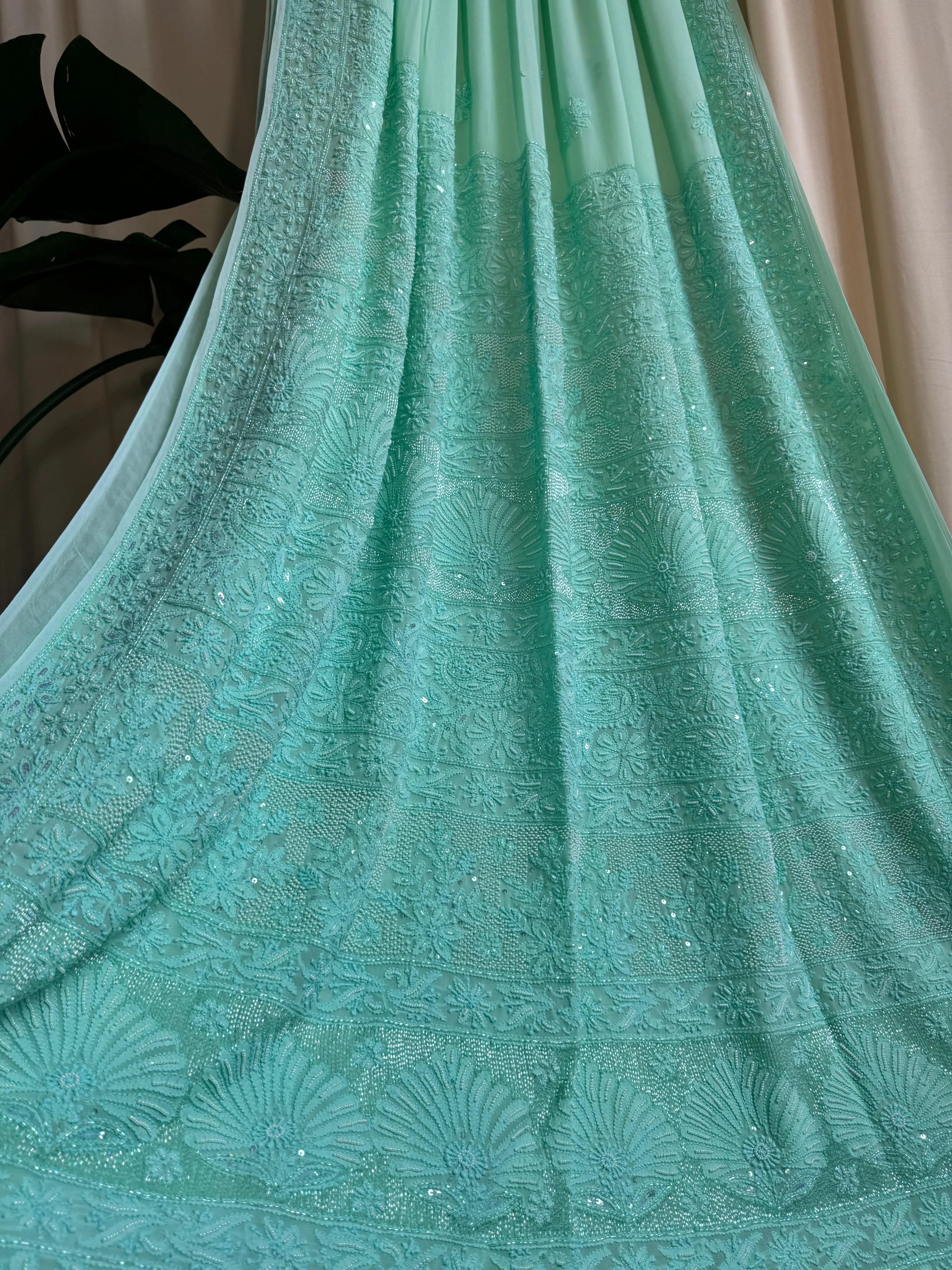 Viscose Green Chikankari saree with Pearl embellishments ARIAA CHIKANKARI 