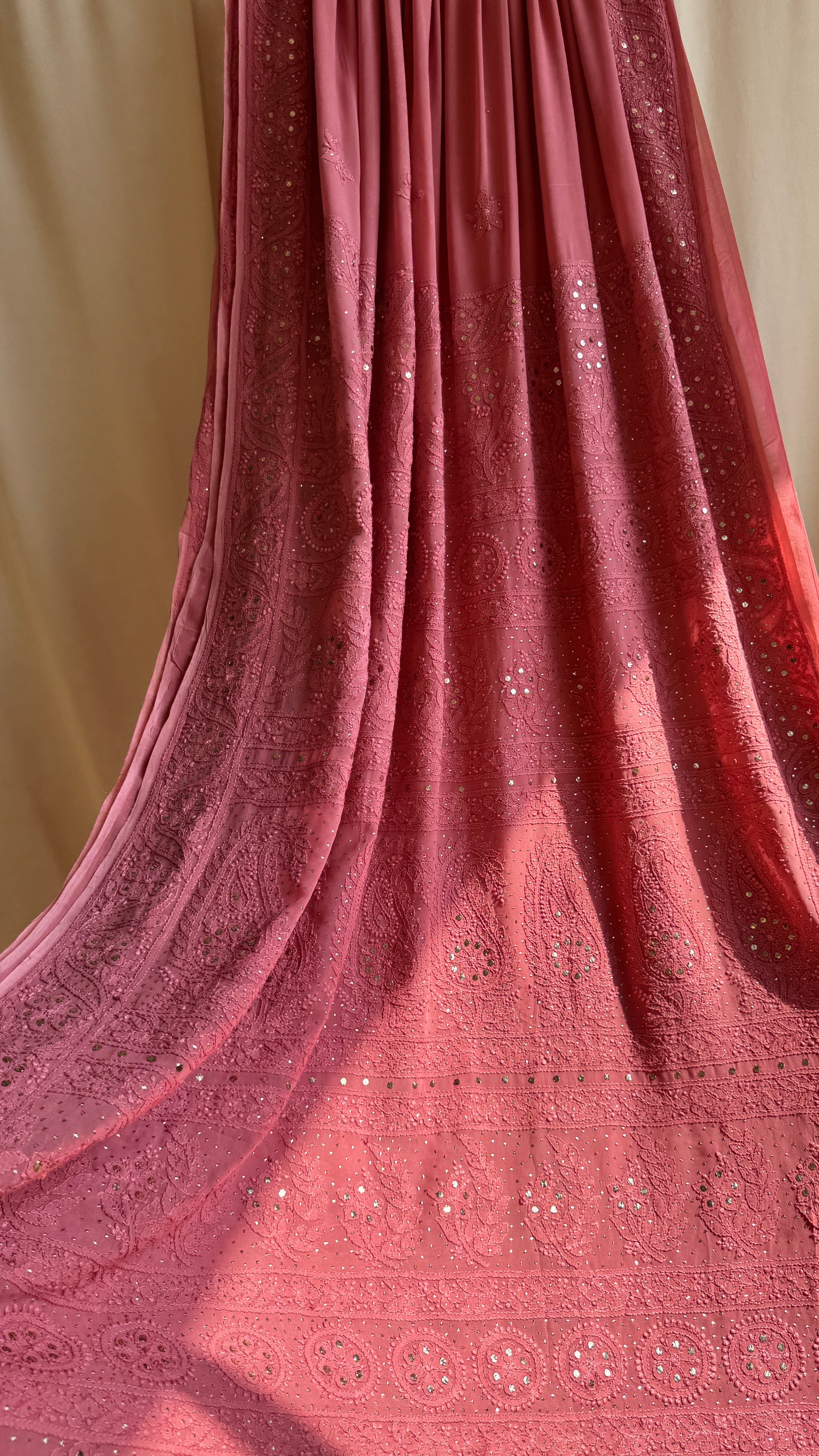 Viscose Rosewood Chikankari saree with Mukaish Work