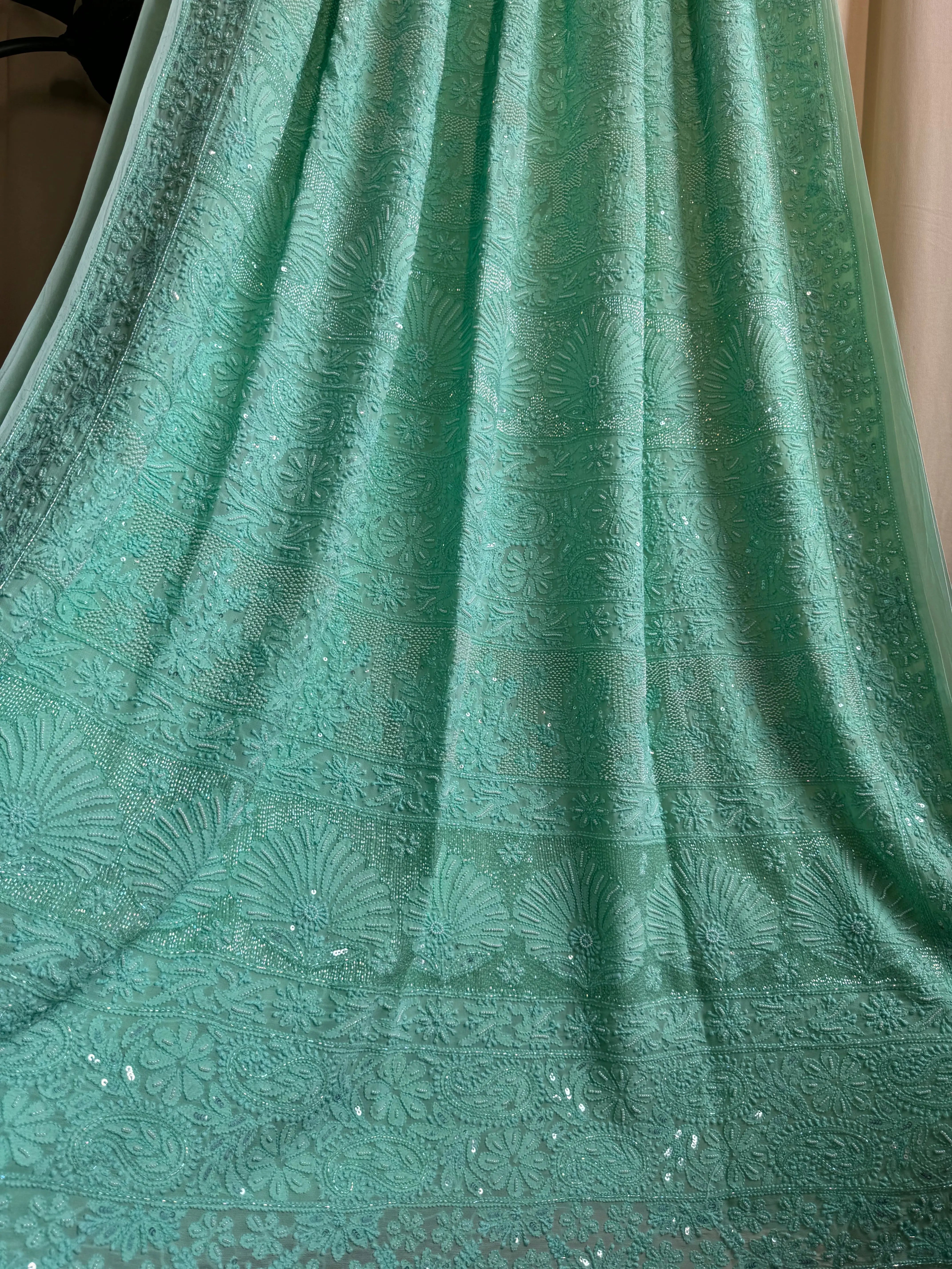 Viscose Green Chikankari saree with Pearl embellishments ARIAA CHIKANKARI 