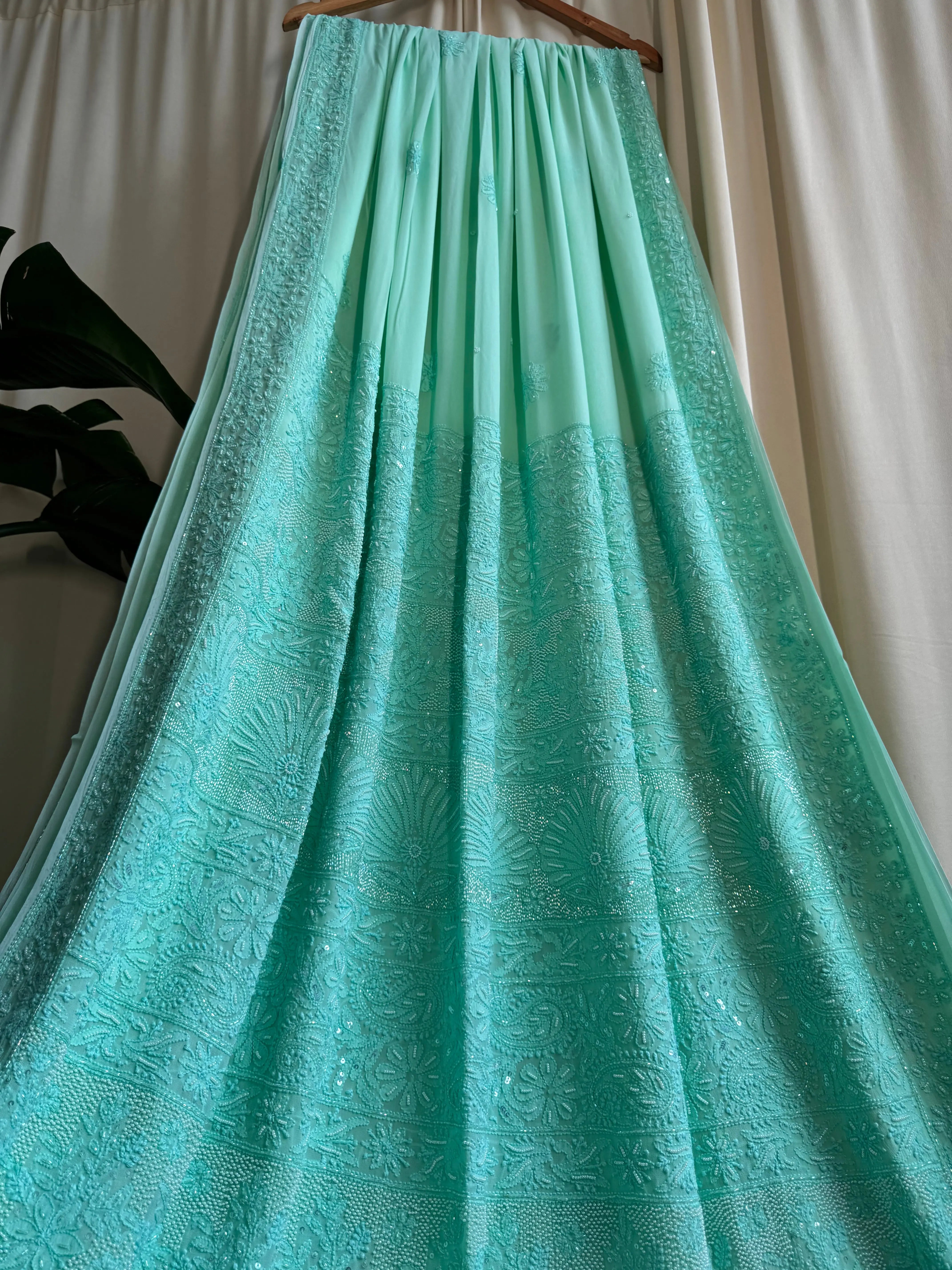 Viscose Green Chikankari saree with Pearl embellishments ARIAA CHIKANKARI 