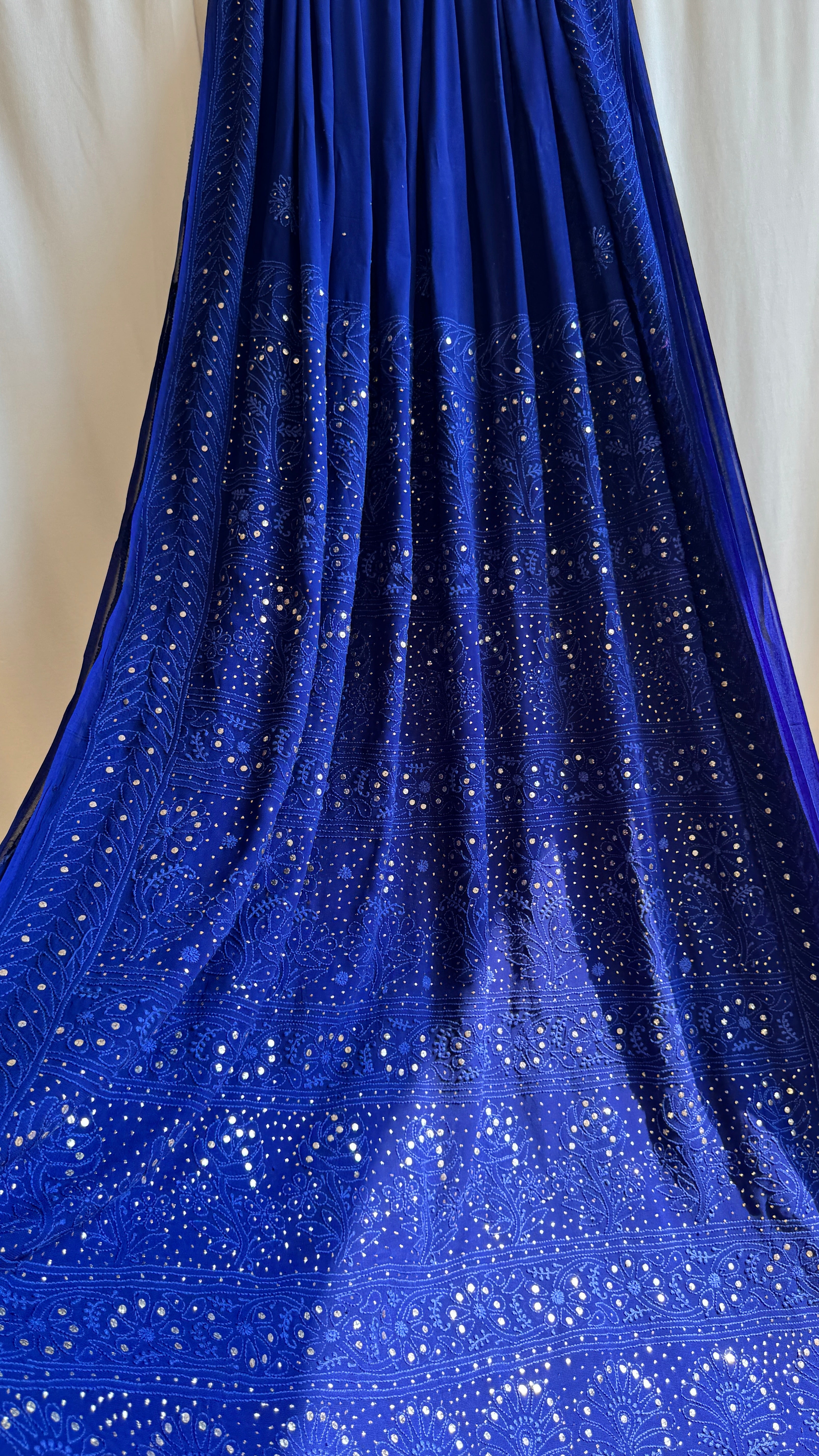 Viscose Dark Blue Chikankari saree with Mukaish Work