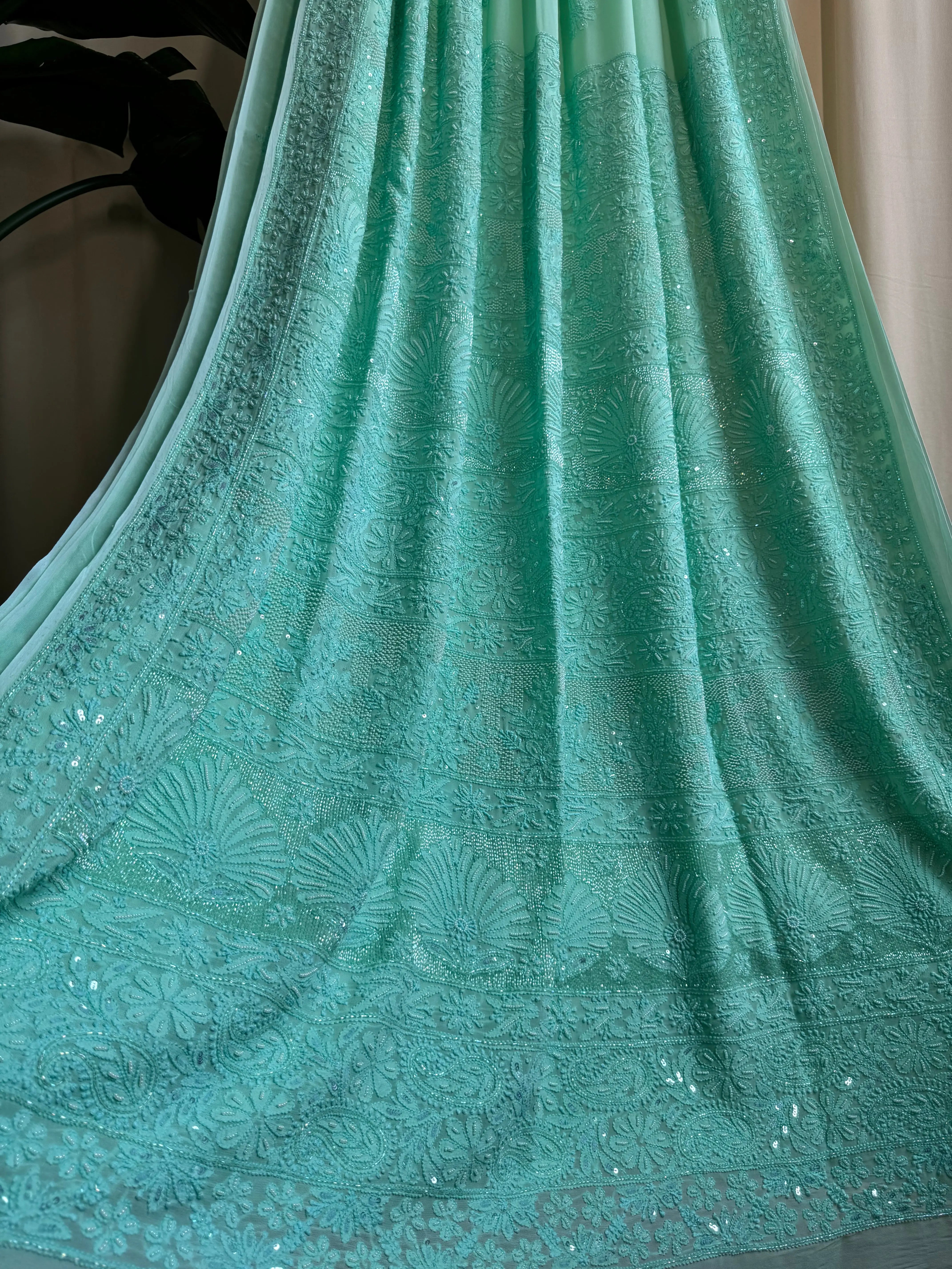 Viscose Green Chikankari saree with Pearl embellishments ARIAA CHIKANKARI 