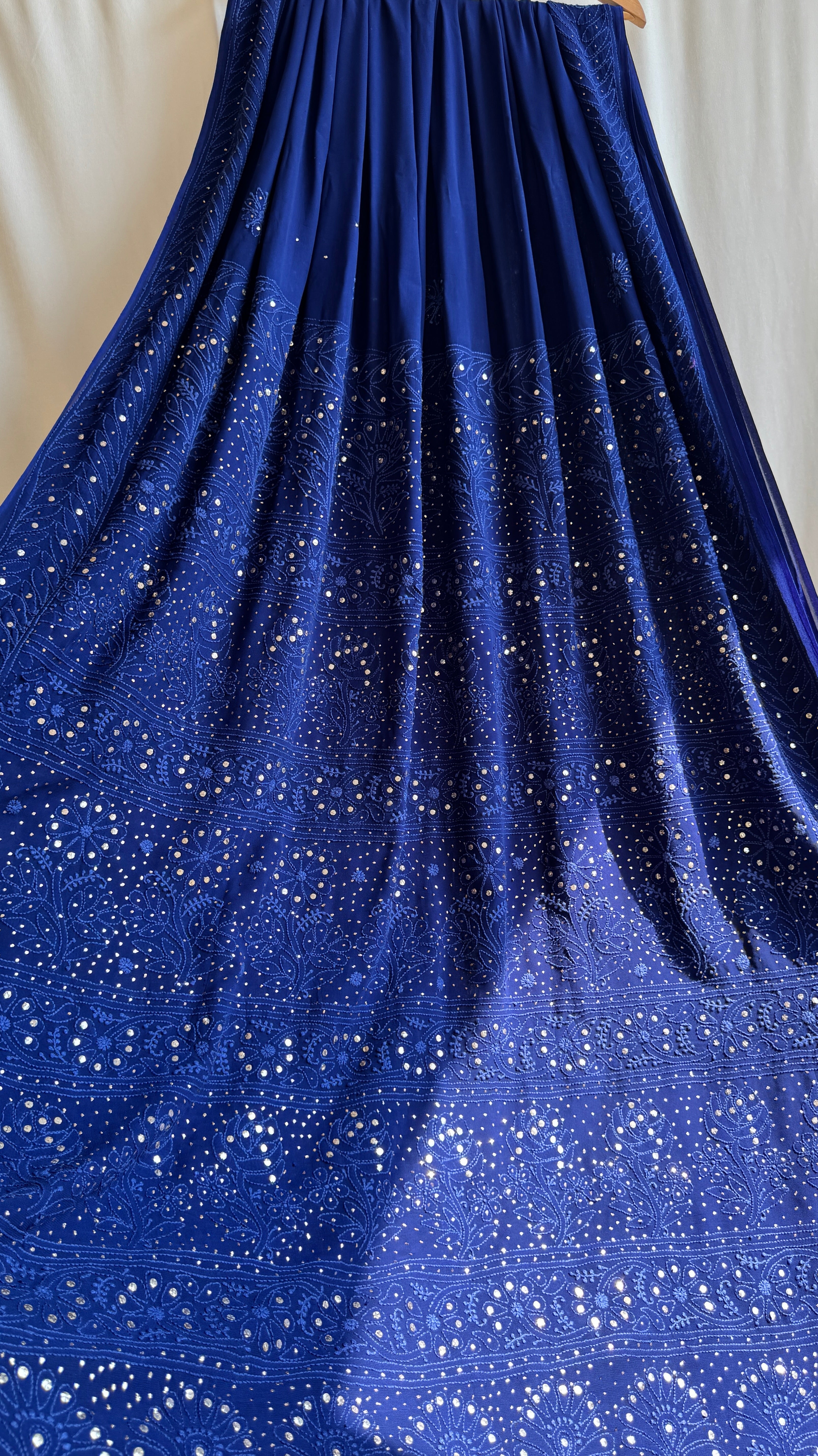 Viscose Dark Blue Chikankari saree with Mukaish Work