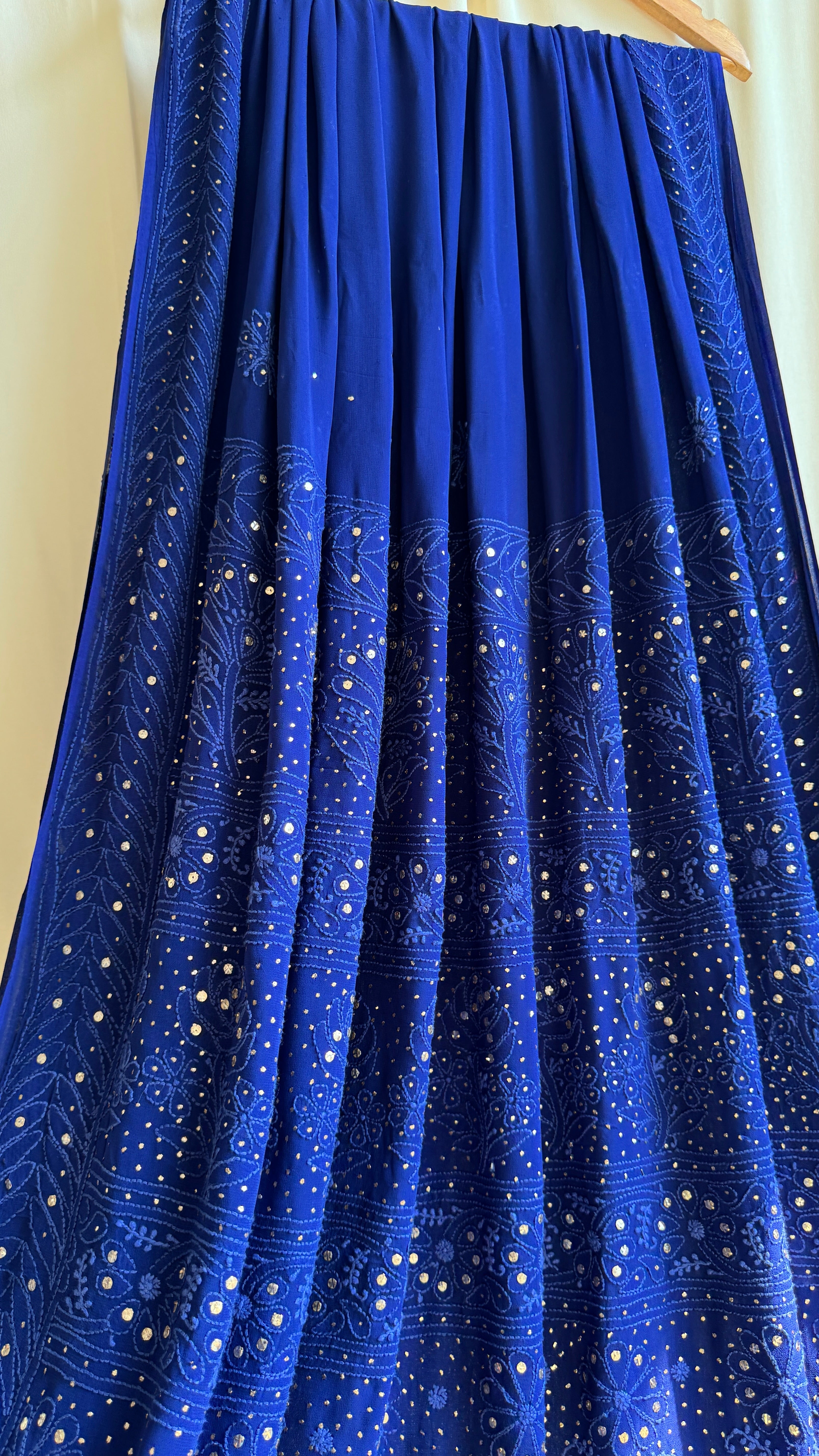 Viscose Dark Blue Chikankari saree with Mukaish Work