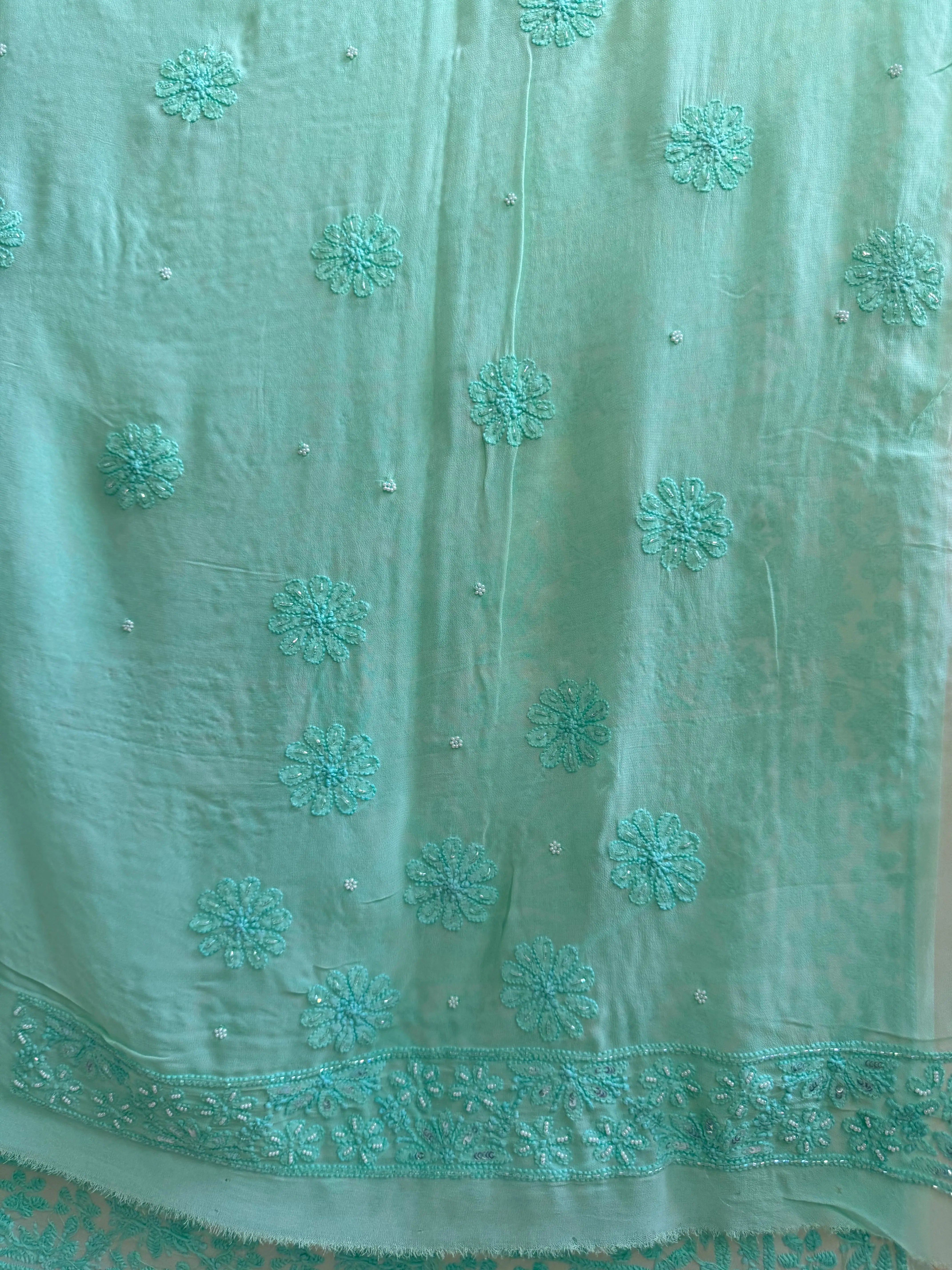 Viscose Green Chikankari saree with Pearl embellishments ARIAA CHIKANKARI 