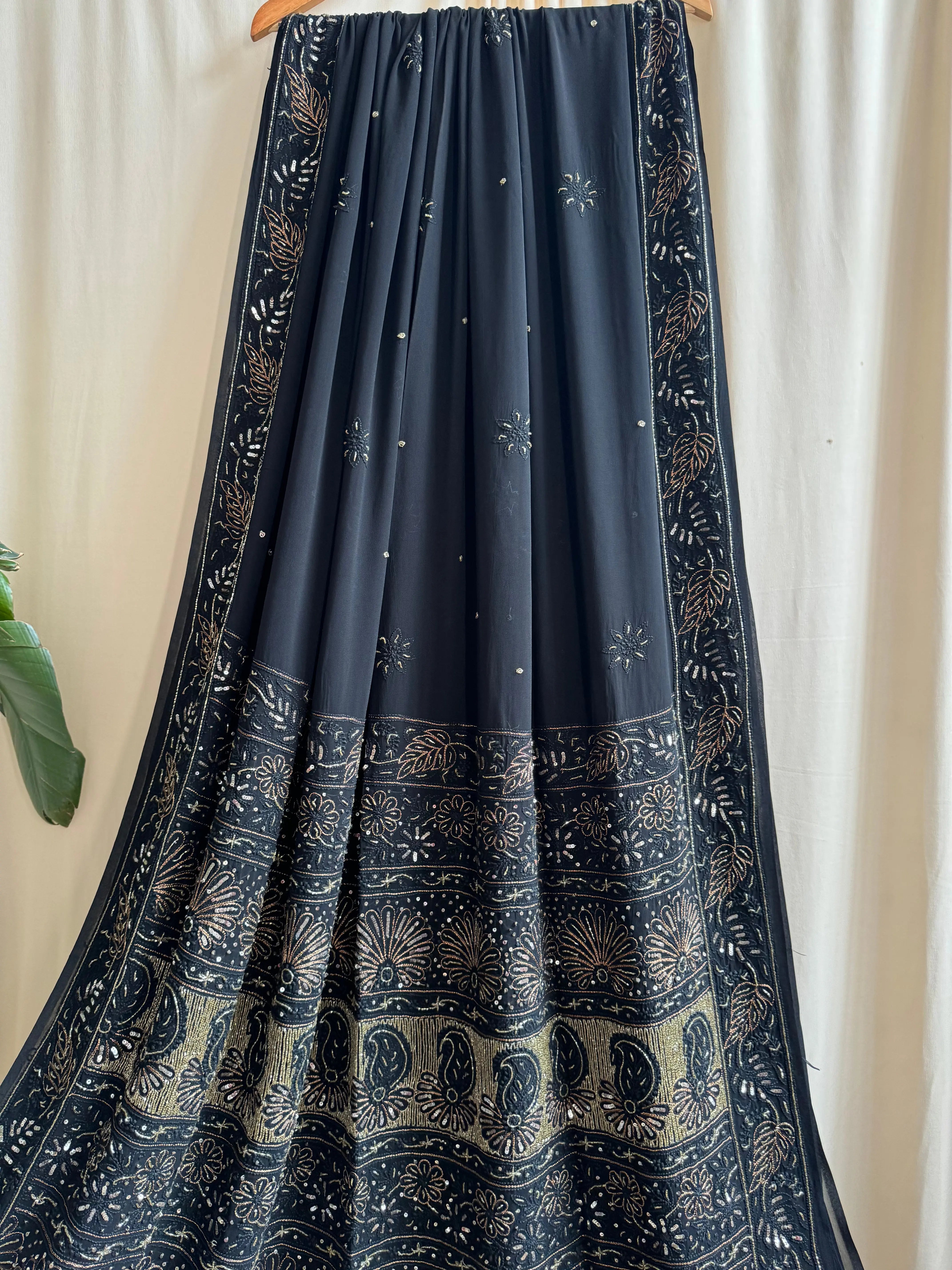 Viscose Black Chikankari saree with Pearl embellishments ARIAA CHIKANKARI 