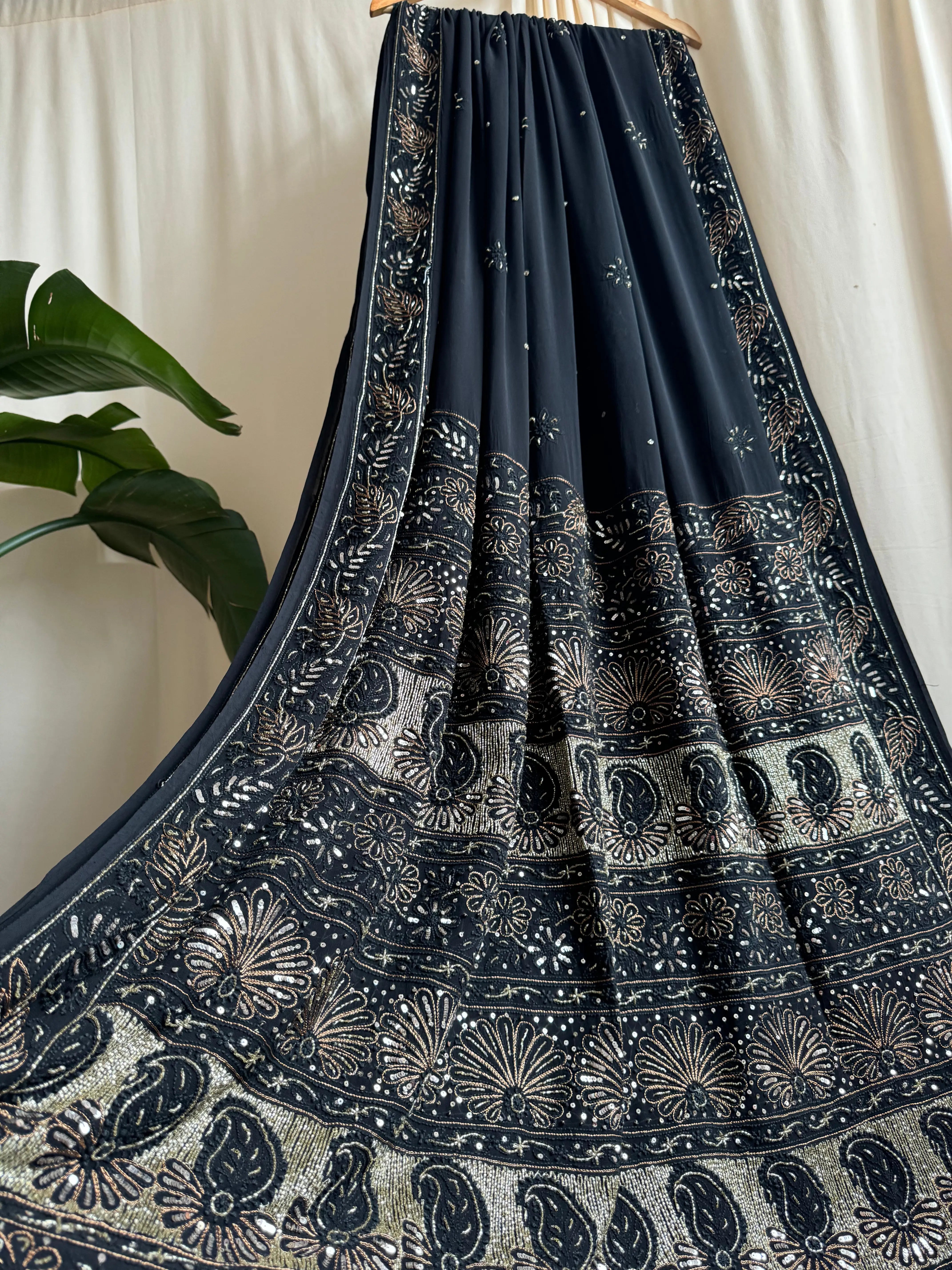 Viscose Black Chikankari saree with Pearl embellishments ARIAA CHIKANKARI 