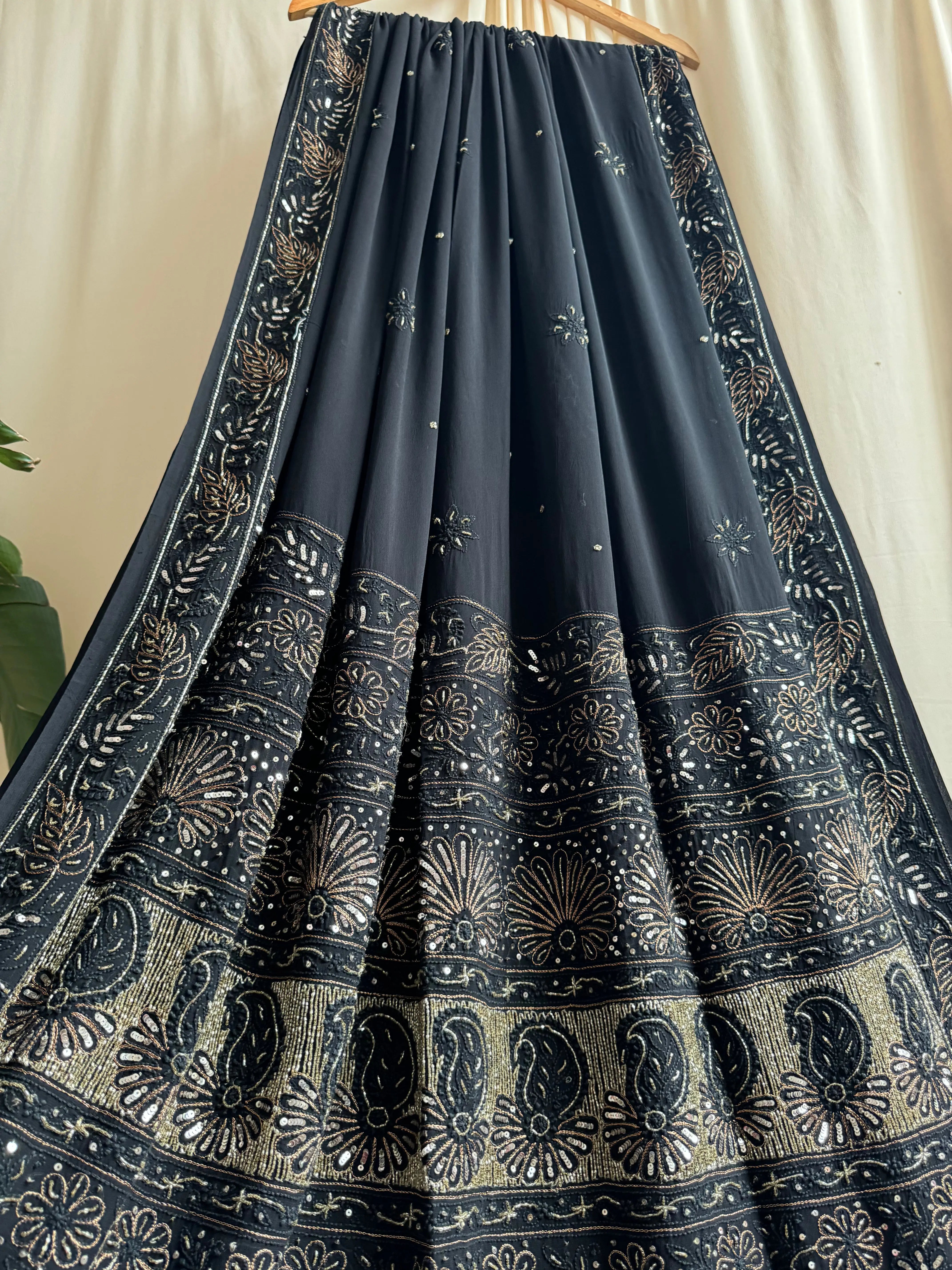 Viscose Black Chikankari saree with Pearl embellishments ARIAA CHIKANKARI 