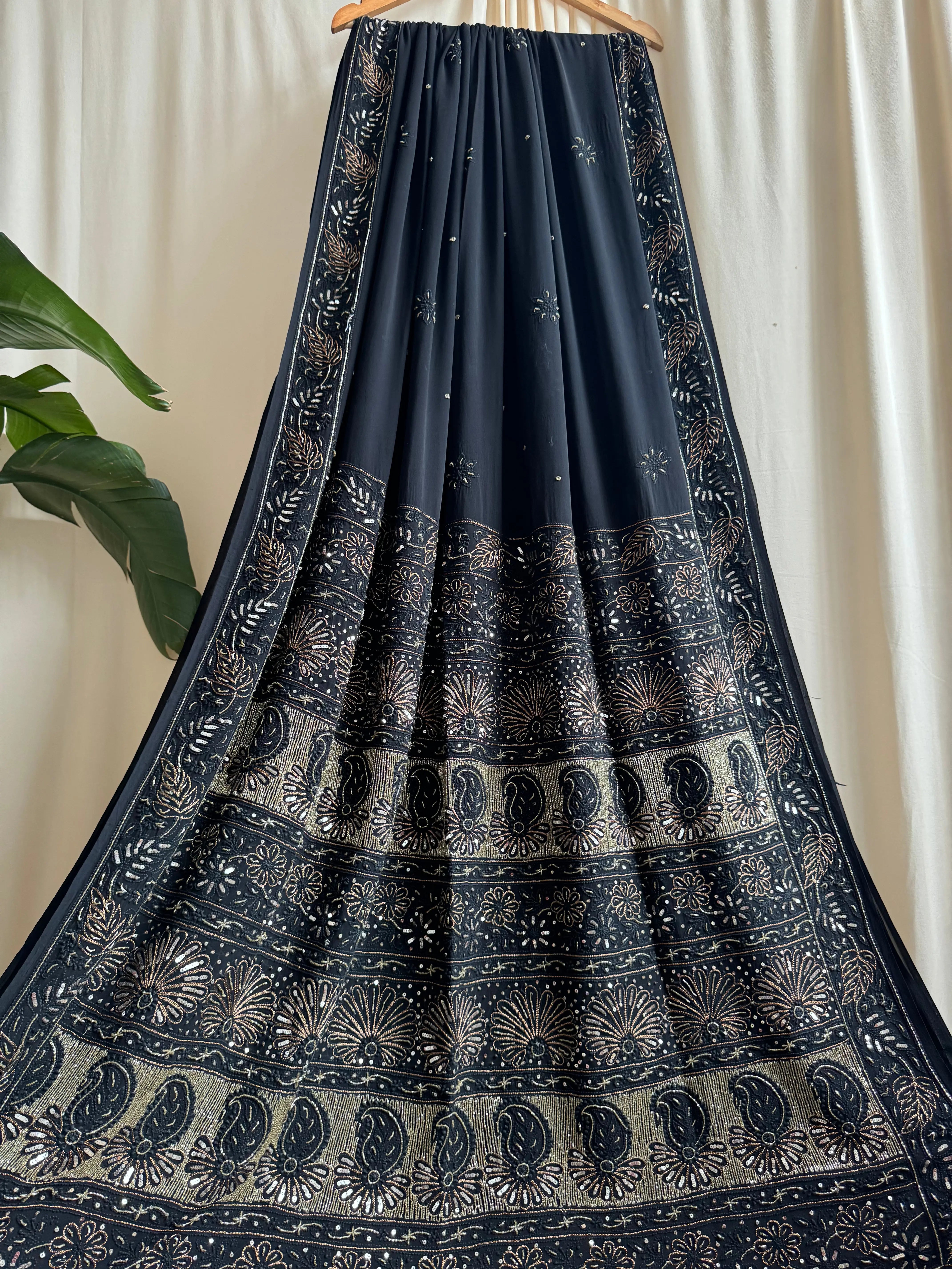 Viscose Black Chikankari saree with Pearl embellishments ARIAA CHIKANKARI 