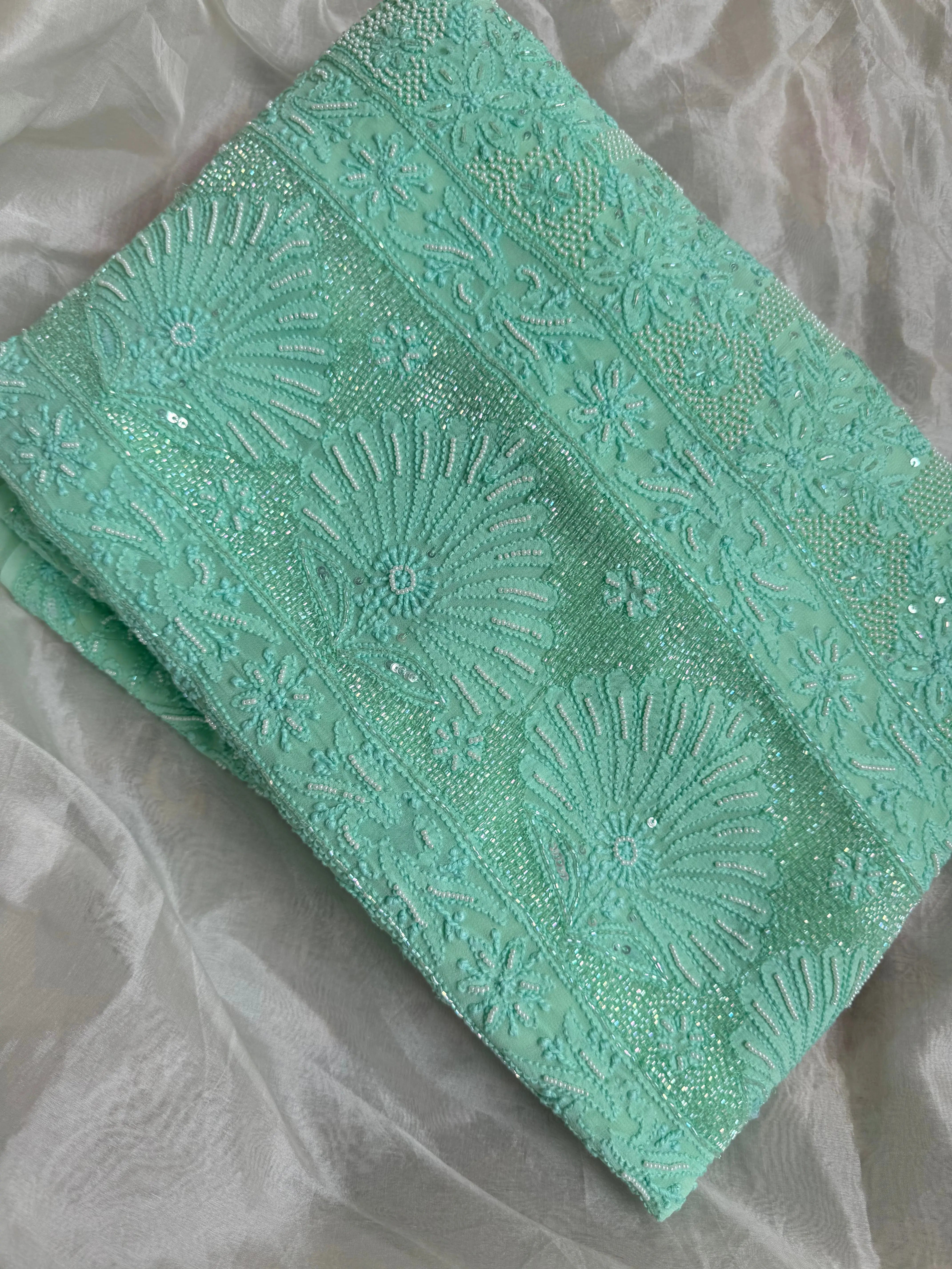 Viscose Green Chikankari saree with Pearl embellishments ARIAA CHIKANKARI 