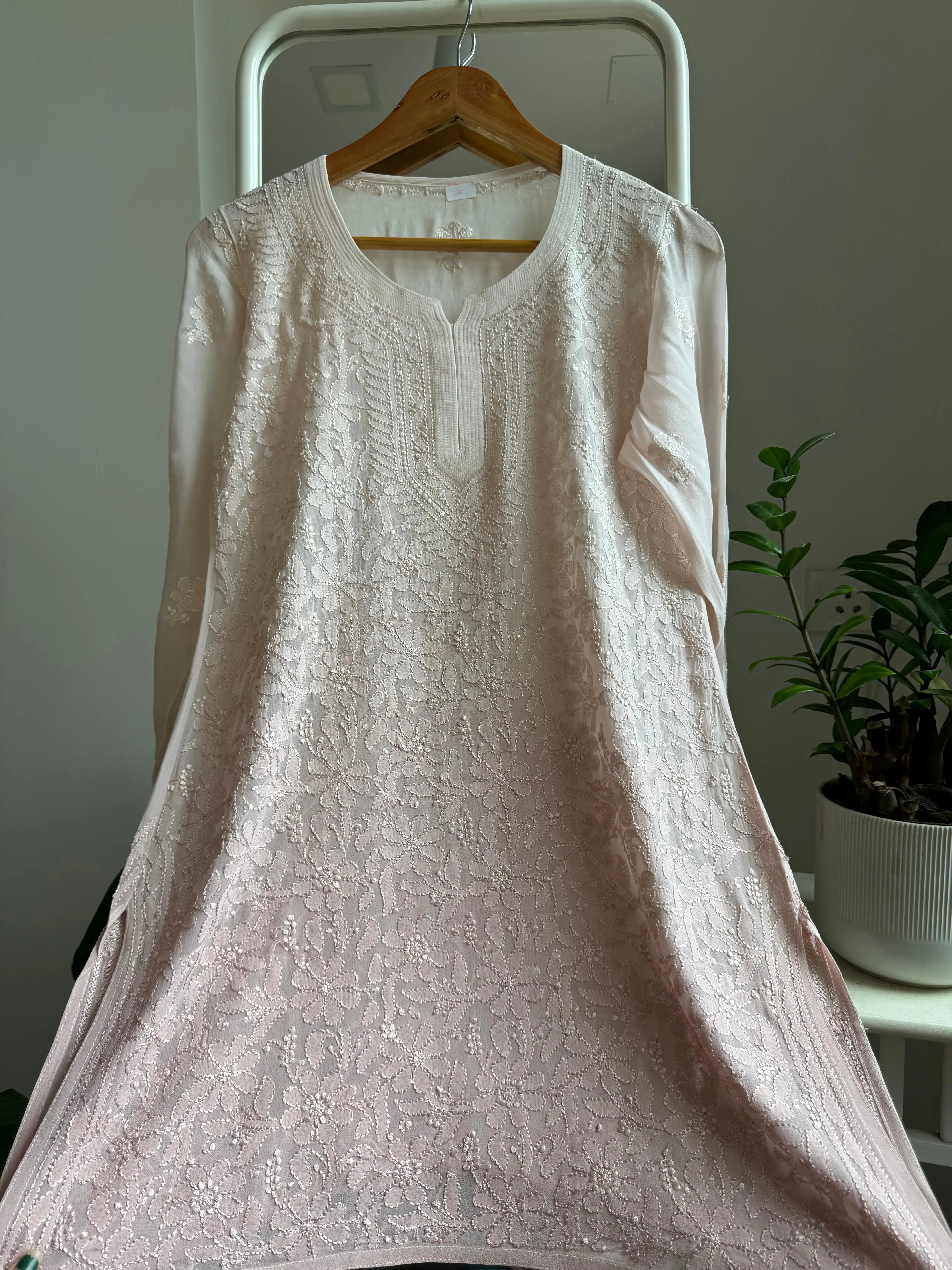 Chikankari Viscose Georgette short Top in Pale pink Ombre ARIAA CHIKANKARI 