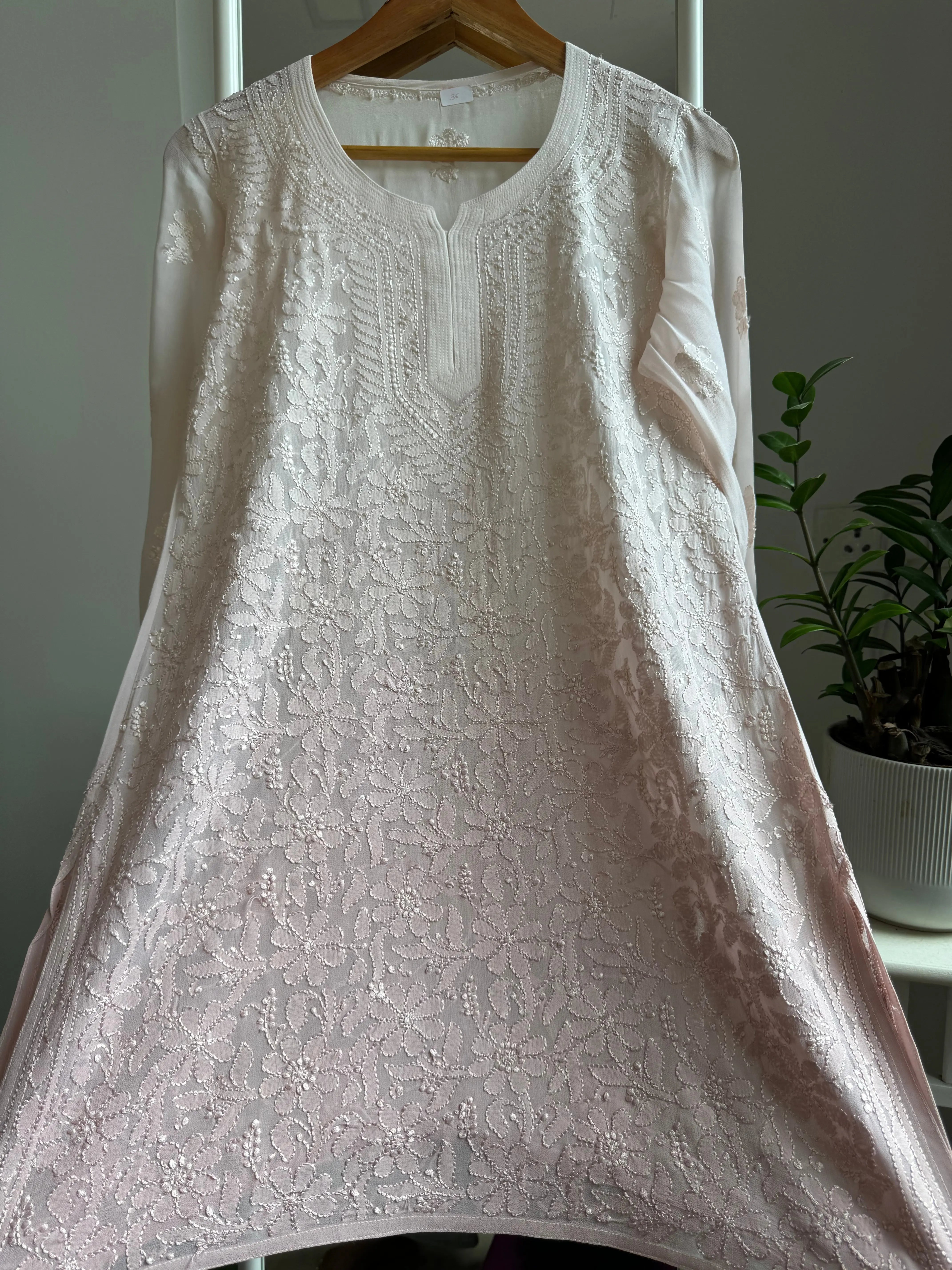 Chikankari Viscose Georgette short Top in Pale pink Ombre ARIAA CHIKANKARI 