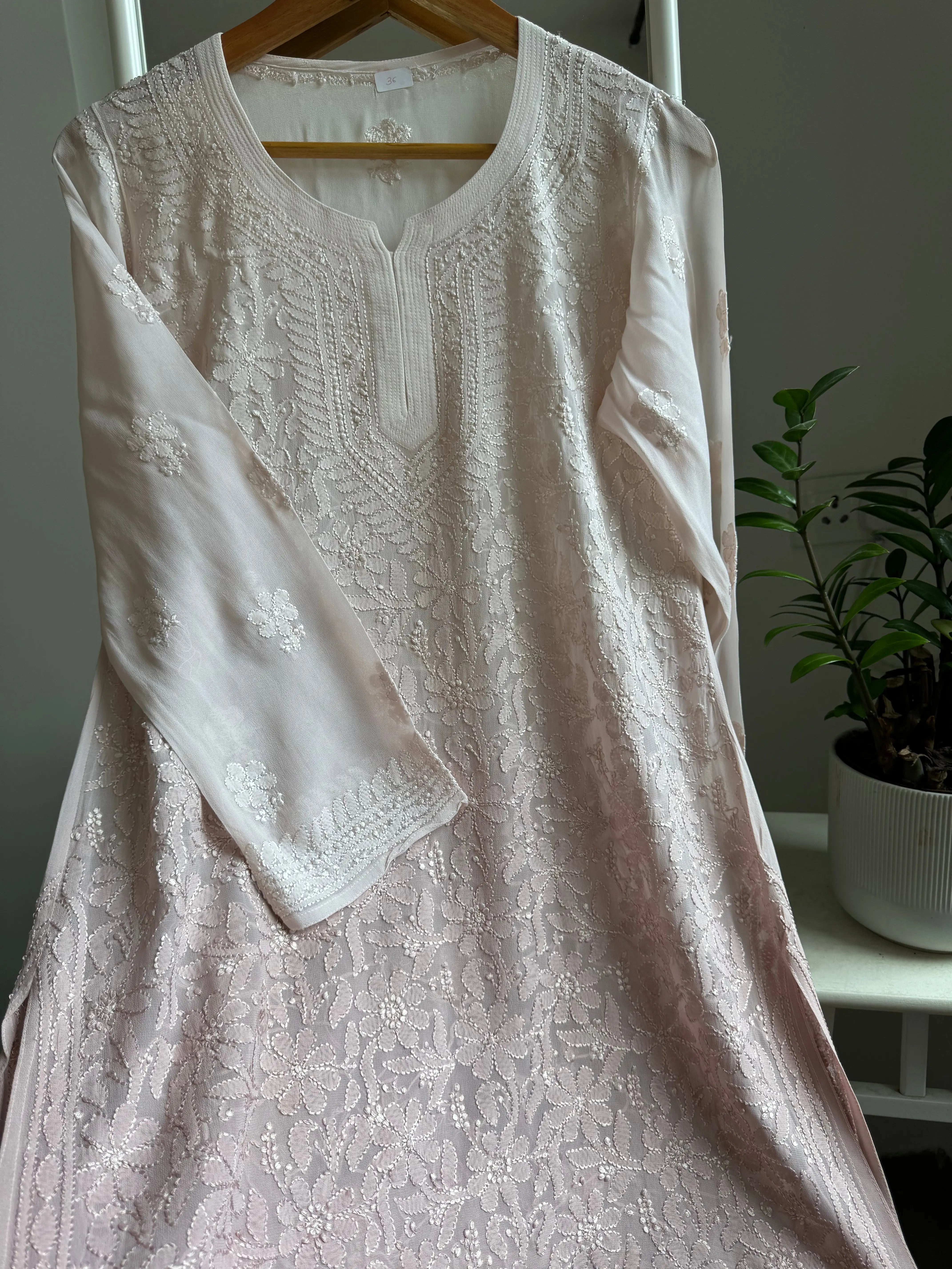 Chikankari Viscose Georgette short Top in Pale pink Ombre ARIAA CHIKANKARI 