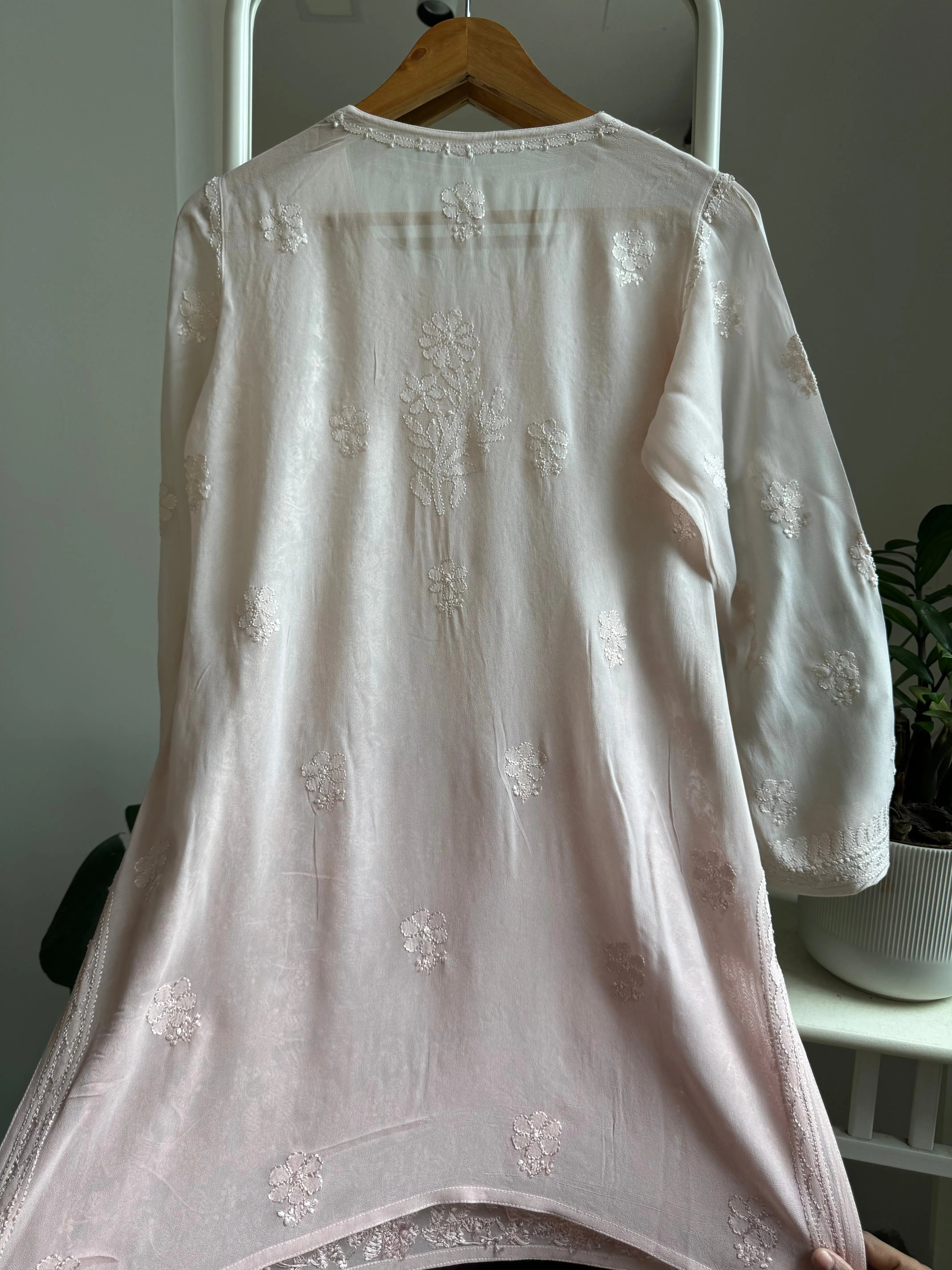 Chikankari Viscose Georgette short Top in Pale pink Ombre ARIAA CHIKANKARI 