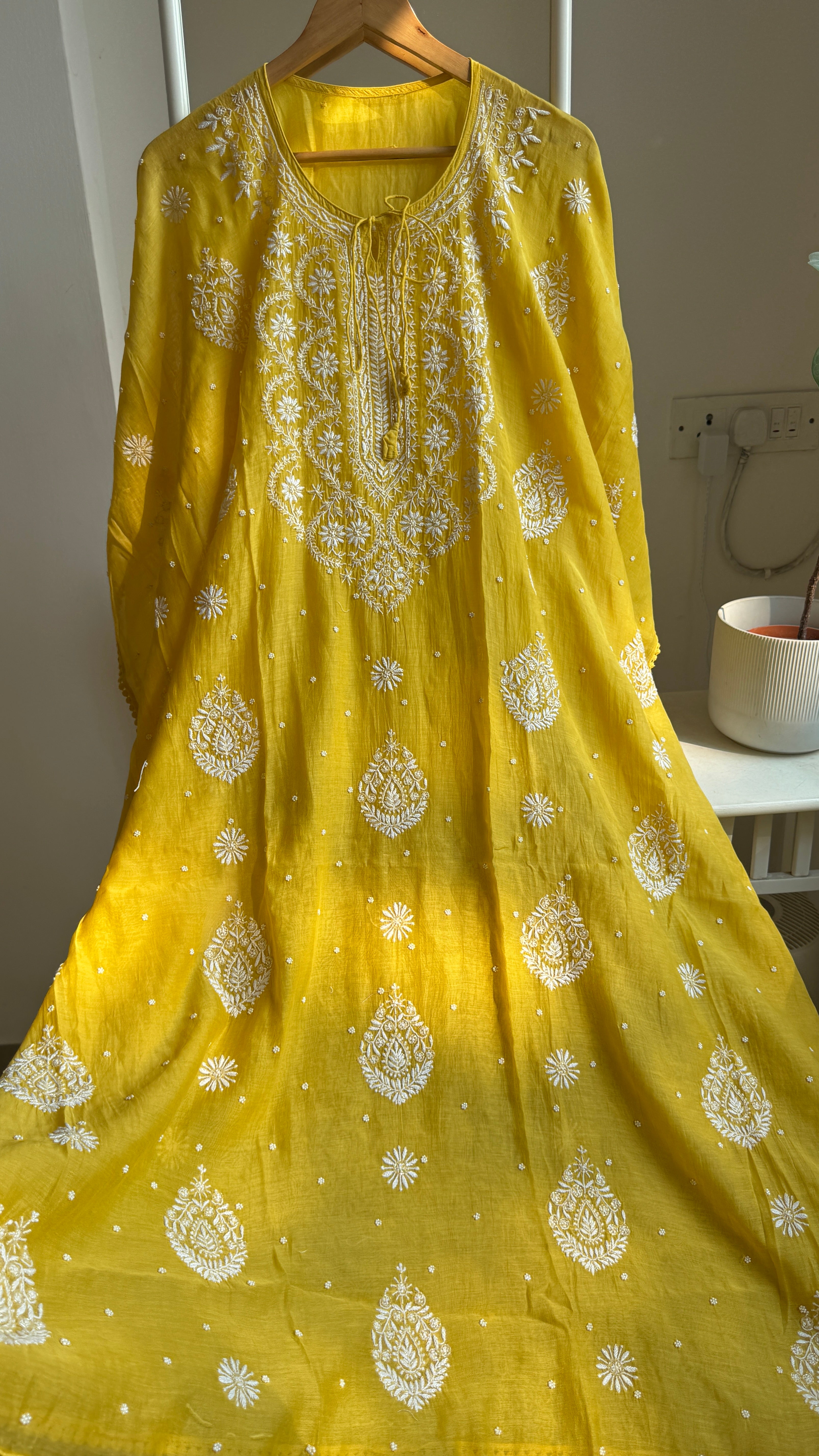 Mul Chanderi Chikankari Kaftan - Yellow