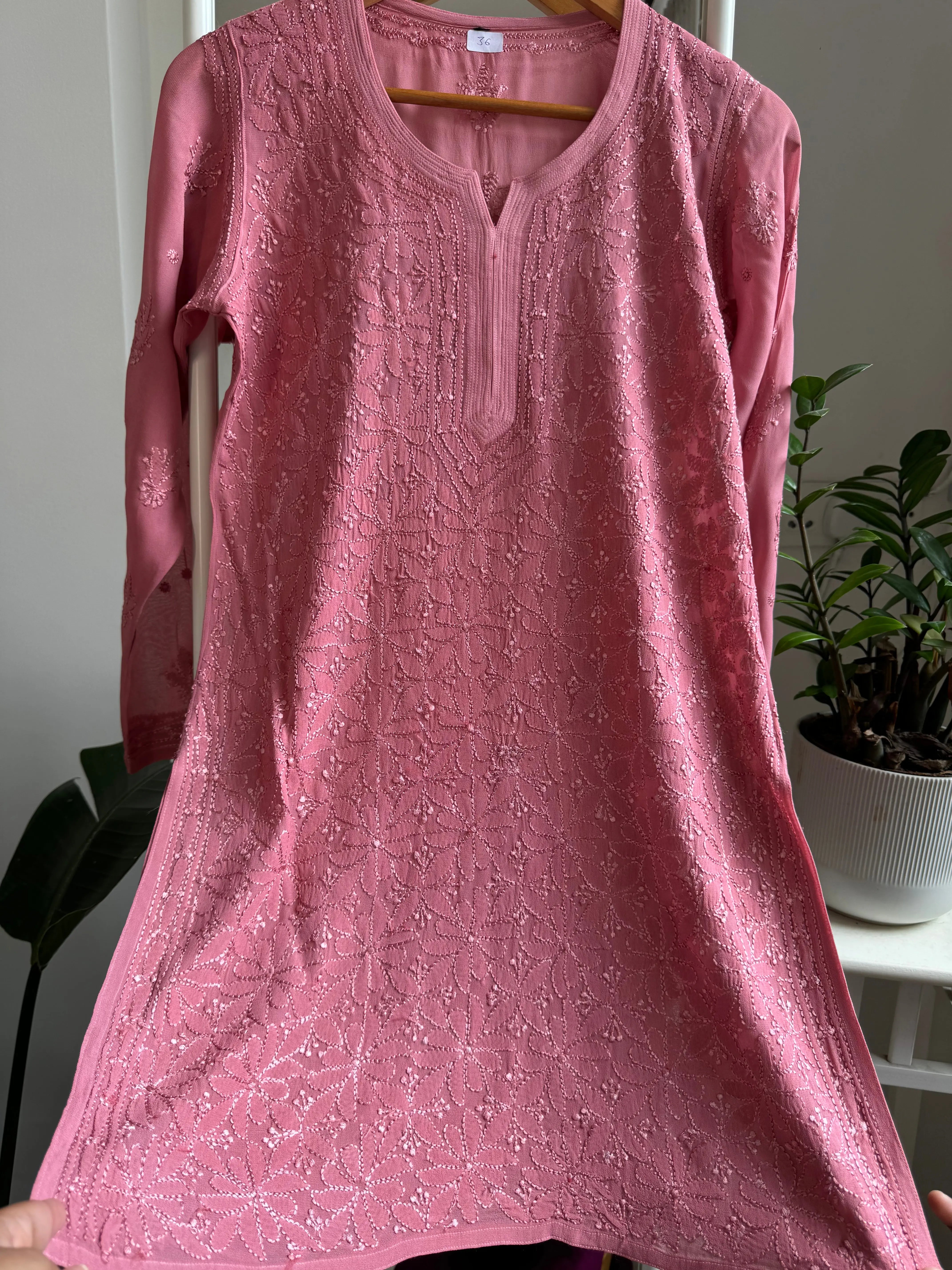 Chikankari Viscose Georgette short Top in Rosewood Pink ARIAA CHIKANKARI 