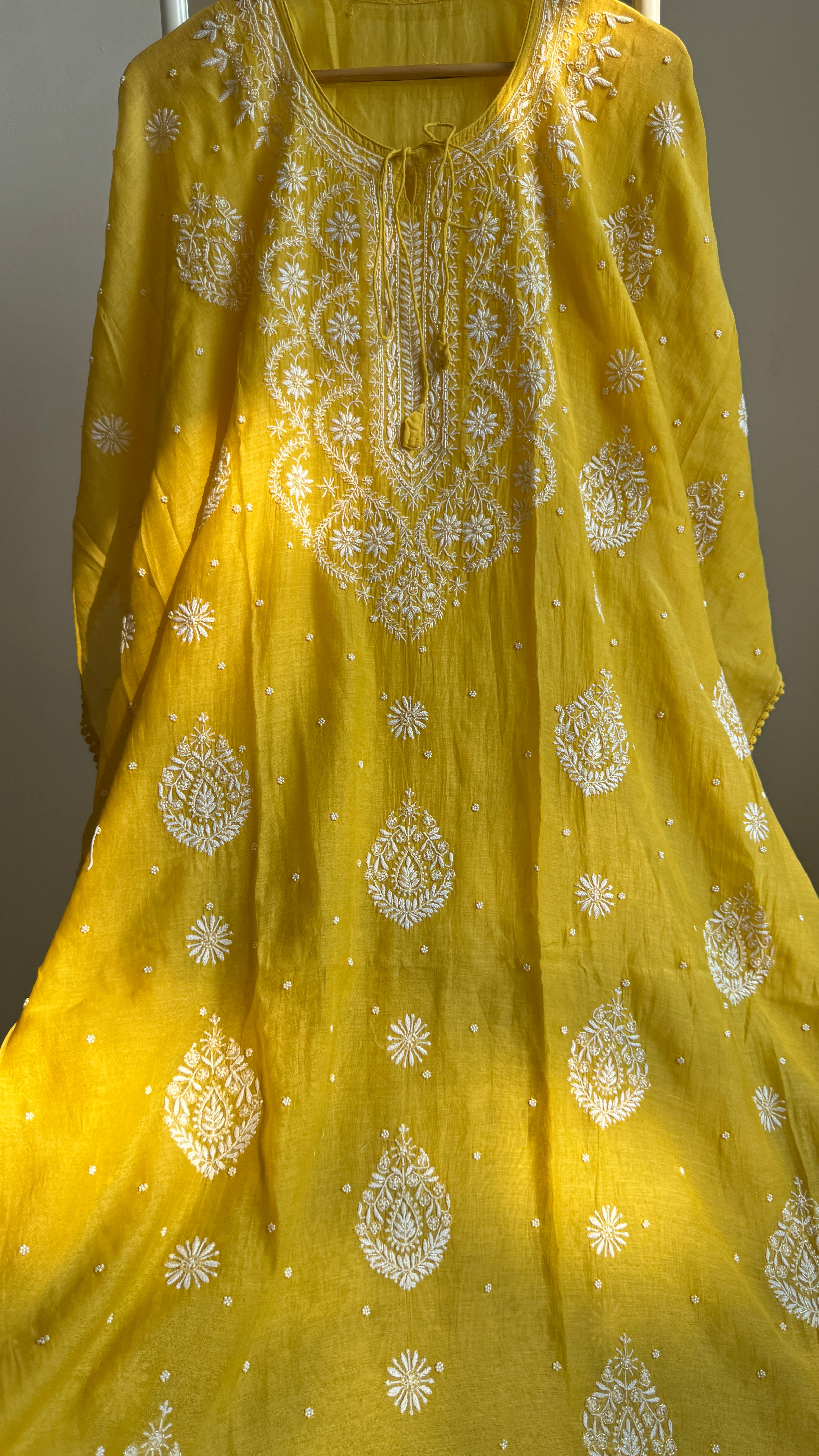 Mul Chanderi Chikankari Kaftan - Yellow